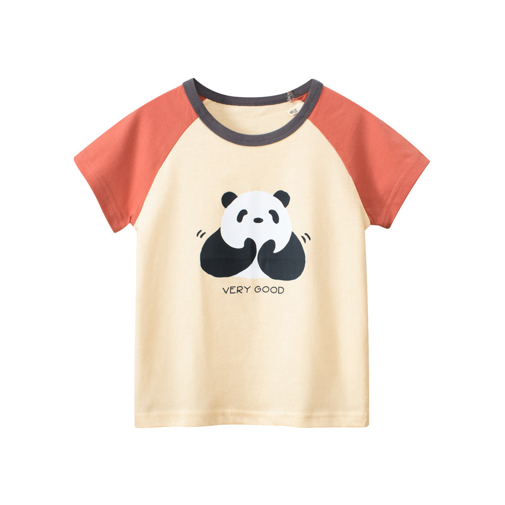 Panda Clapping Printing Girls’ Patchwork T-Shirt in pink and beige, featuring a cute panda design, perfect for summer wear.