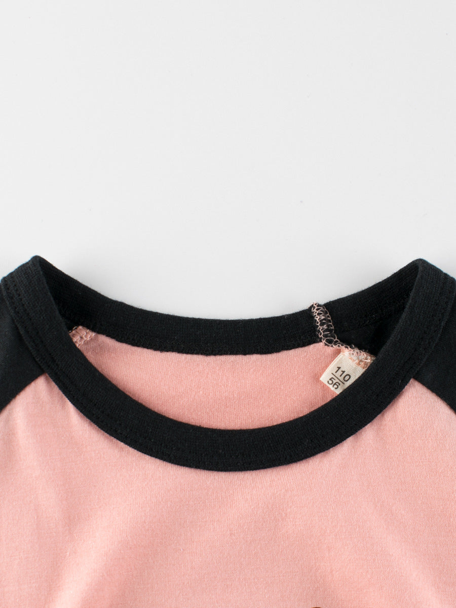 Panda Clapping Printing Girls’ Patchwork T-Shirt in pink and beige, featuring a cute panda design, perfect for summer wear.