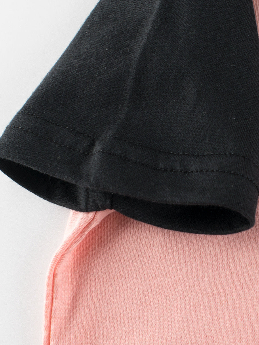 Panda Clapping Printing Girls’ Patchwork T-Shirt in pink and beige, featuring a cute panda design, perfect for summer wear.