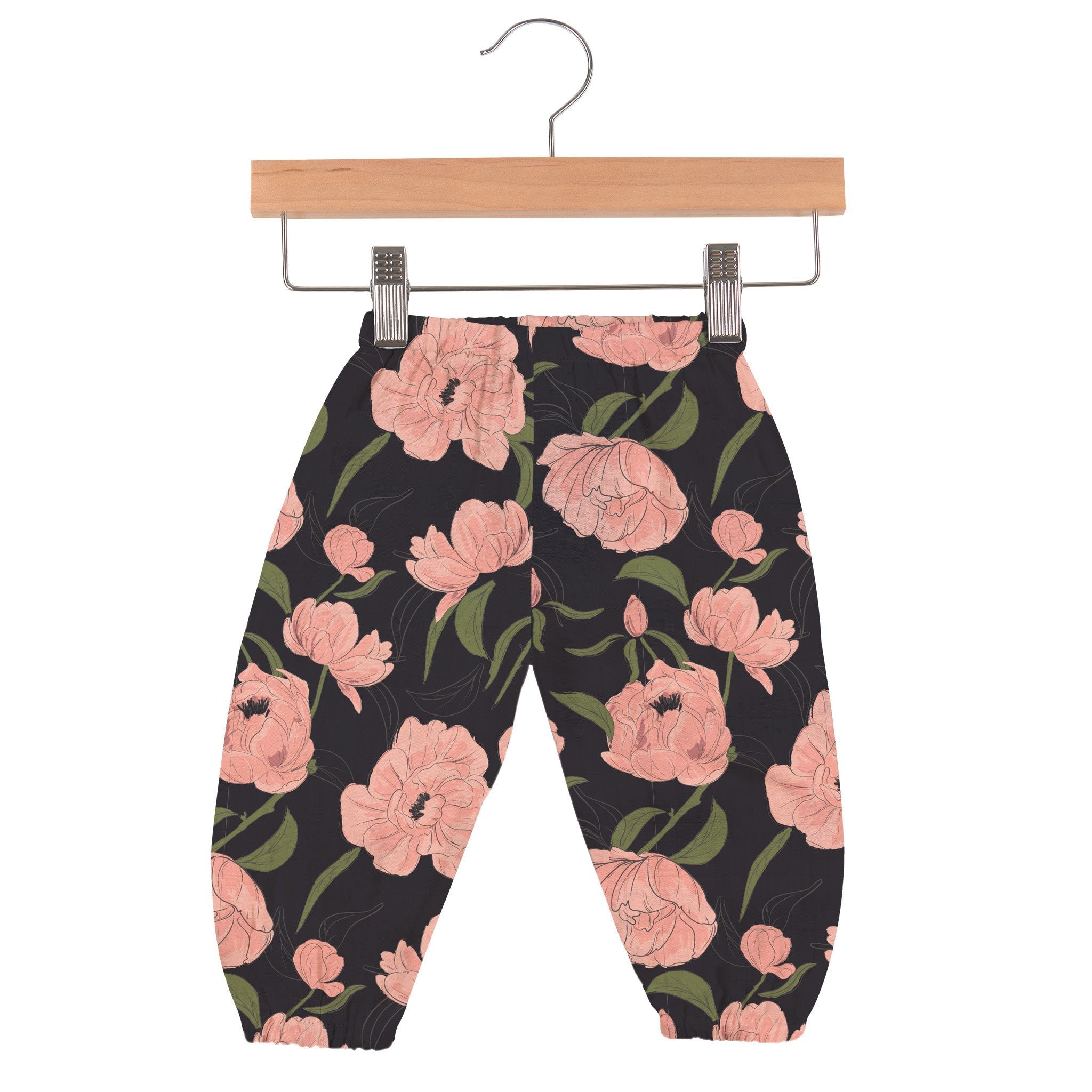 Peonies Newcastle Mini Pants made from soft bamboo muslin, featuring an elastic waist and a loose fit for baby comfort.