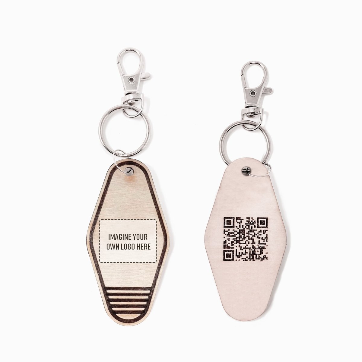 Personalized Business Retro Motel Keychain featuring a QR code and suede tassel, made from natural wood.