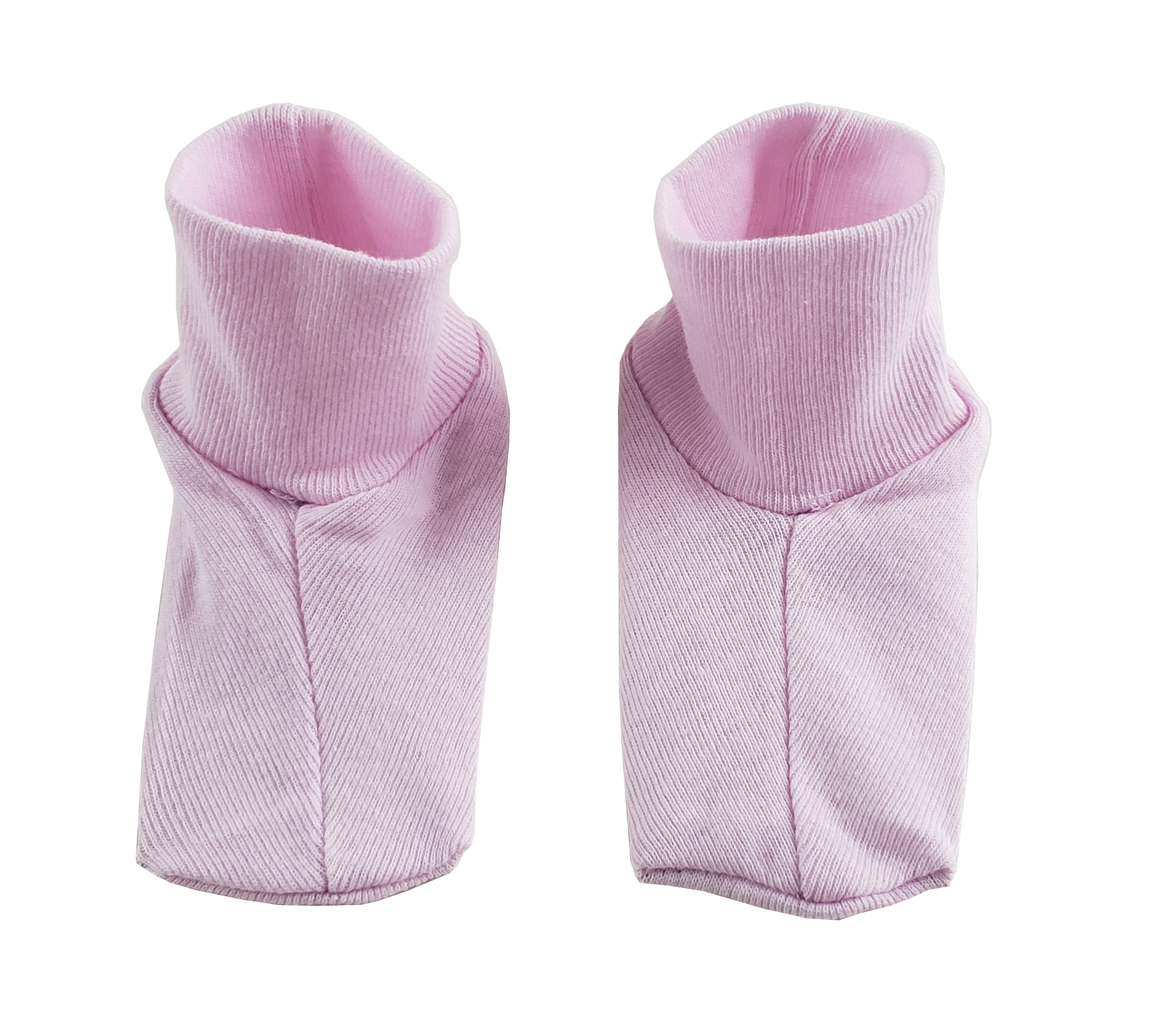A pair of soft pink infant booties made from 100% cotton, designed for newborns, featuring a rib knit texture.