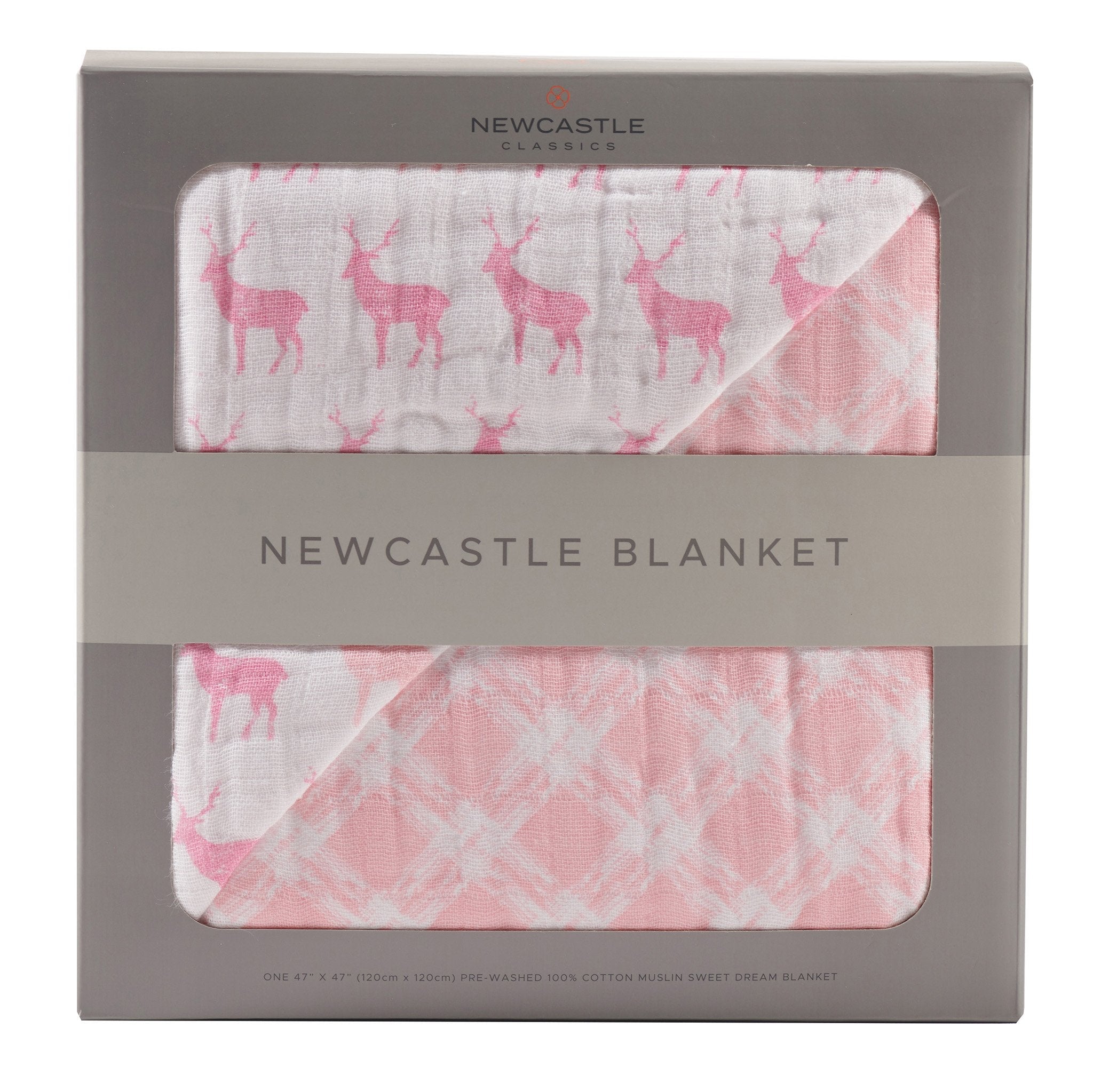 Pink Deer and Primrose Pink Plaid Cotton Muslin Newcastle Blanket, featuring a soft, cozy design with playful deer and plaid patterns.
