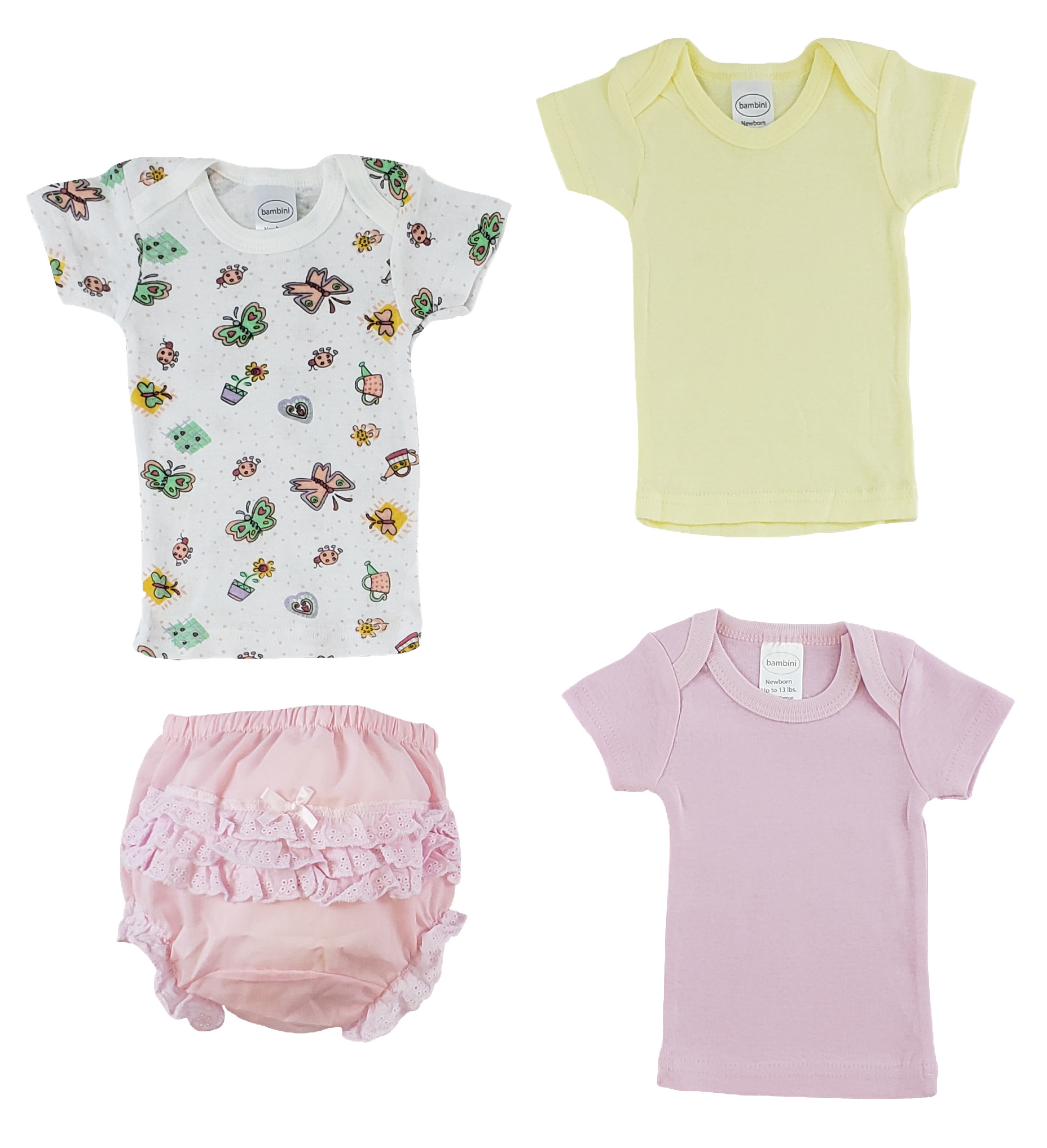 A colorful assortment of pink girl's T-shirts and fancy pants underwear made from 100% cotton, showcasing fun prints and comfortable designs.
