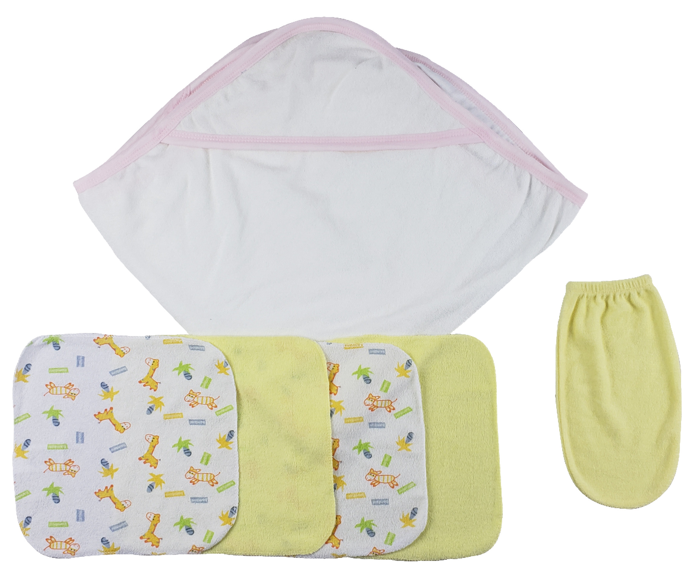 A soft pink hooded towel set for newborns, including washcloths and a hand washcloth mitt, perfect for bath time.
