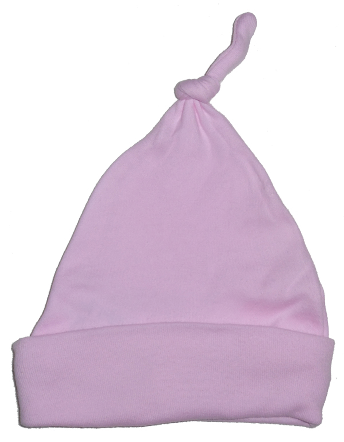 A soft pink knotted baby cap made of 100% cotton, designed for infants up to 18 months, perfect for keeping little heads warm.