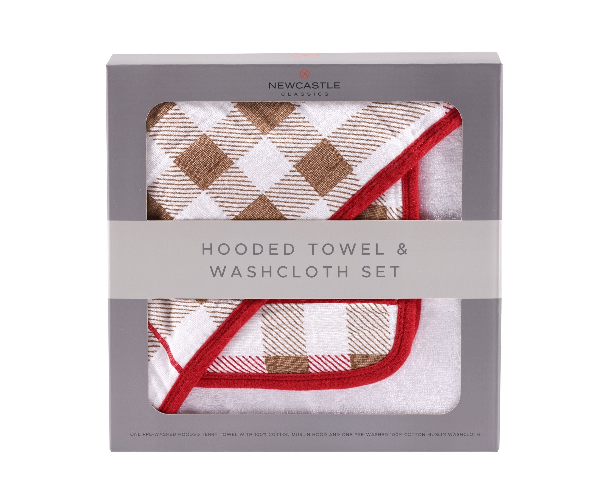A cozy plaid cotton hooded towel and washcloth set, featuring a soft terry texture and stylish design, perfect for keeping children warm after bath time.
