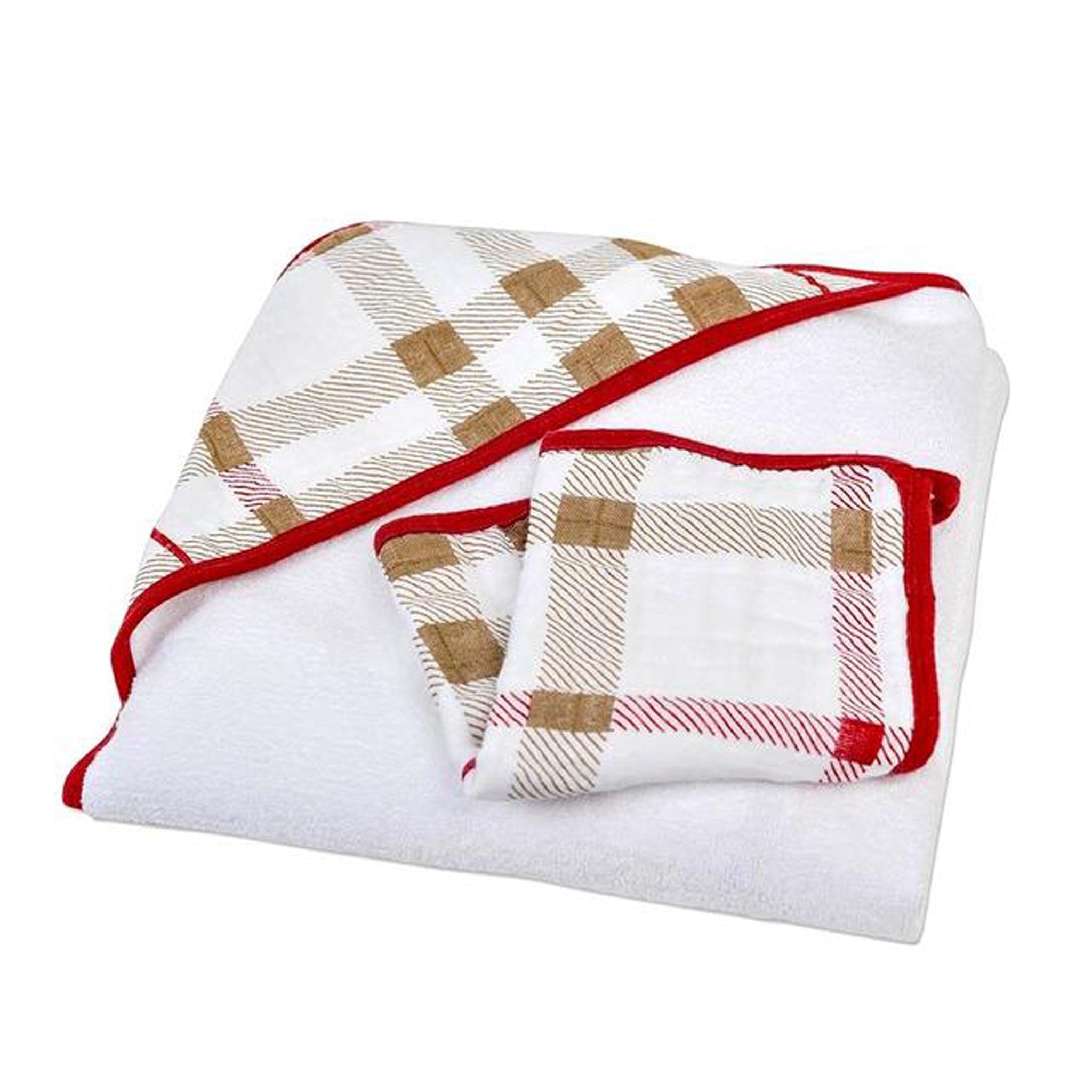 A cozy plaid cotton hooded towel and washcloth set, featuring a soft terry texture and stylish design, perfect for keeping children warm after bath time.