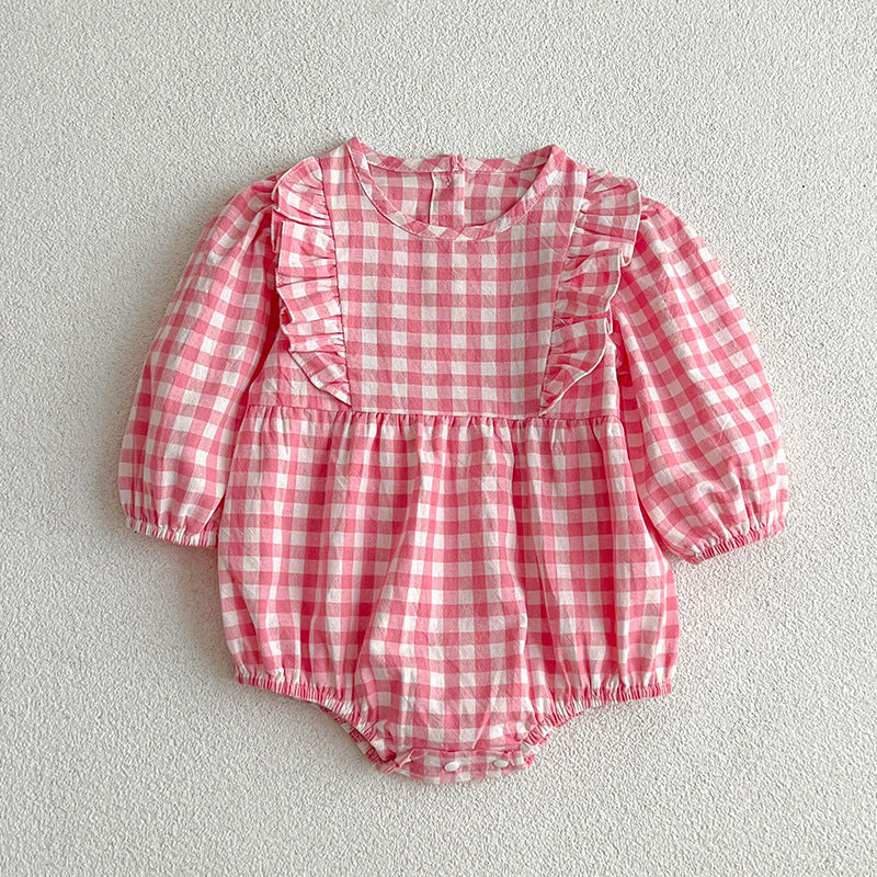 A collection of plaid pattern onesies for baby girls in various colors including black, pink, blue, green, yellow, and brown, made from soft cotton.