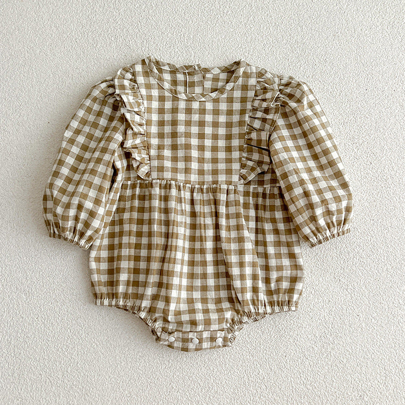 A collection of plaid pattern onesies for baby girls in various colors including black, pink, blue, green, yellow, and brown, made from soft cotton.