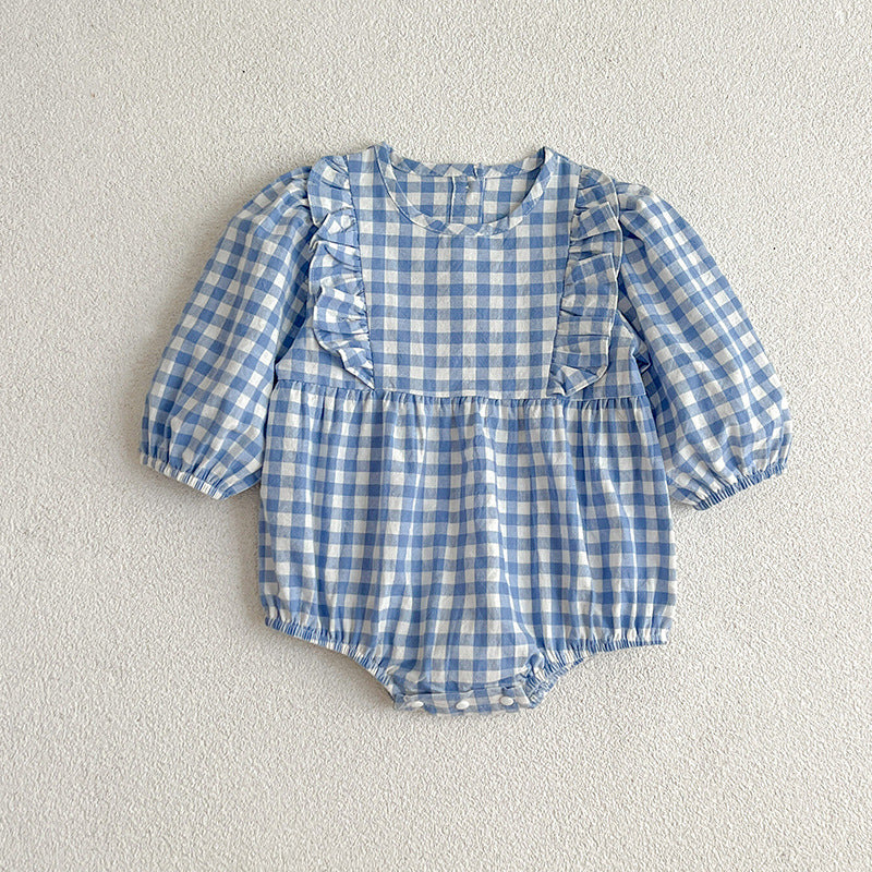 A collection of plaid pattern onesies for baby girls in various colors including black, pink, blue, green, yellow, and brown, made from soft cotton.