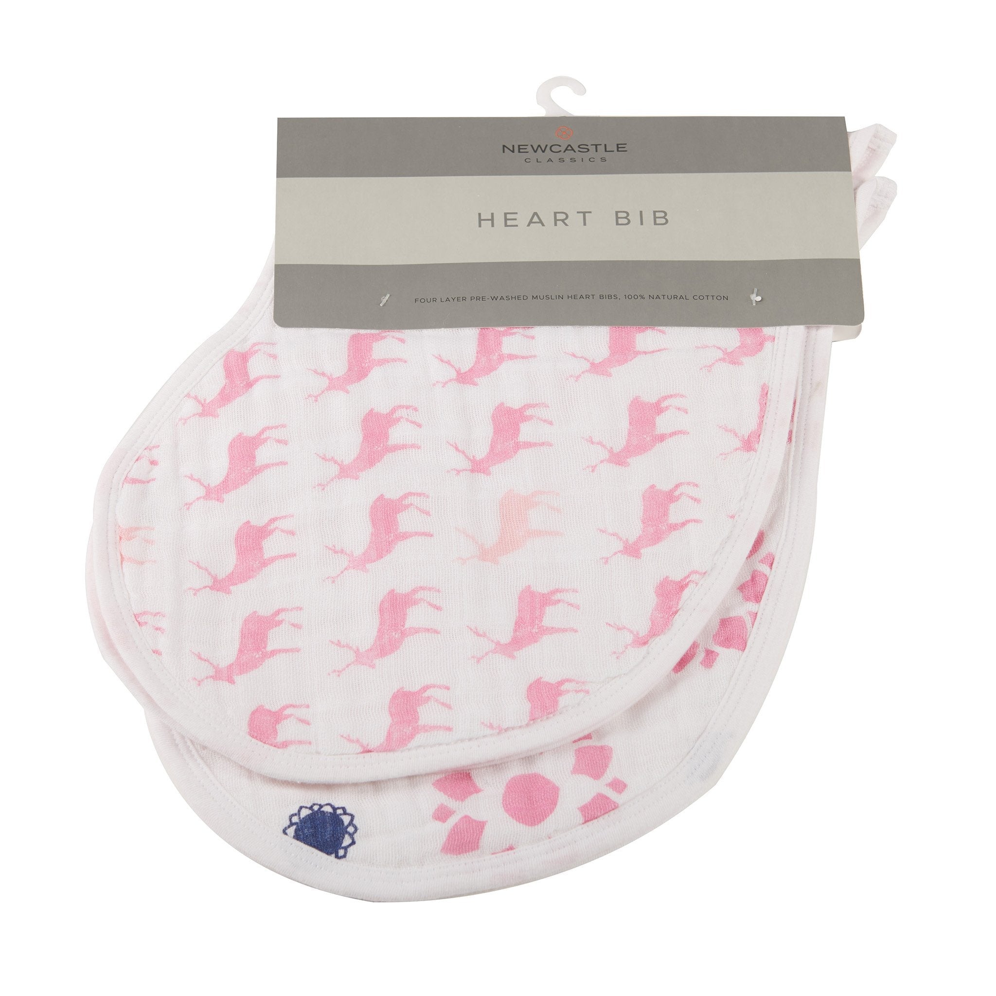Two pink cotton heart bibs made from soft muslin, featuring multiple snaps for adjustable fit.