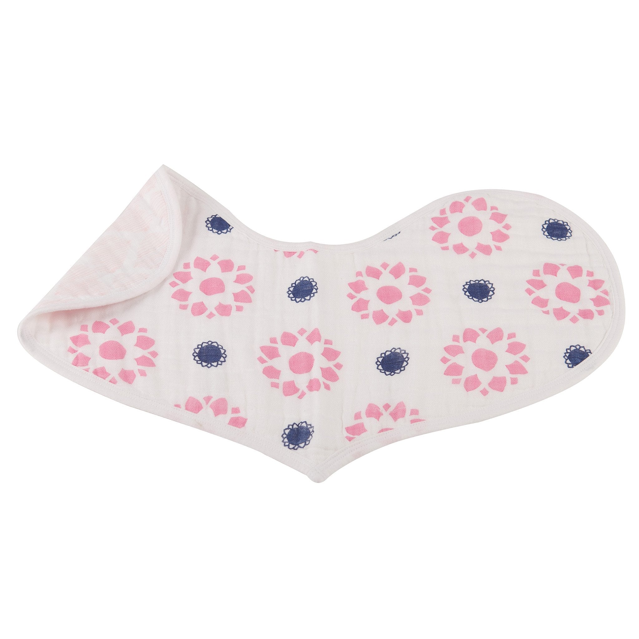 Two pink cotton heart bibs made from soft muslin, featuring multiple snaps for adjustable fit.