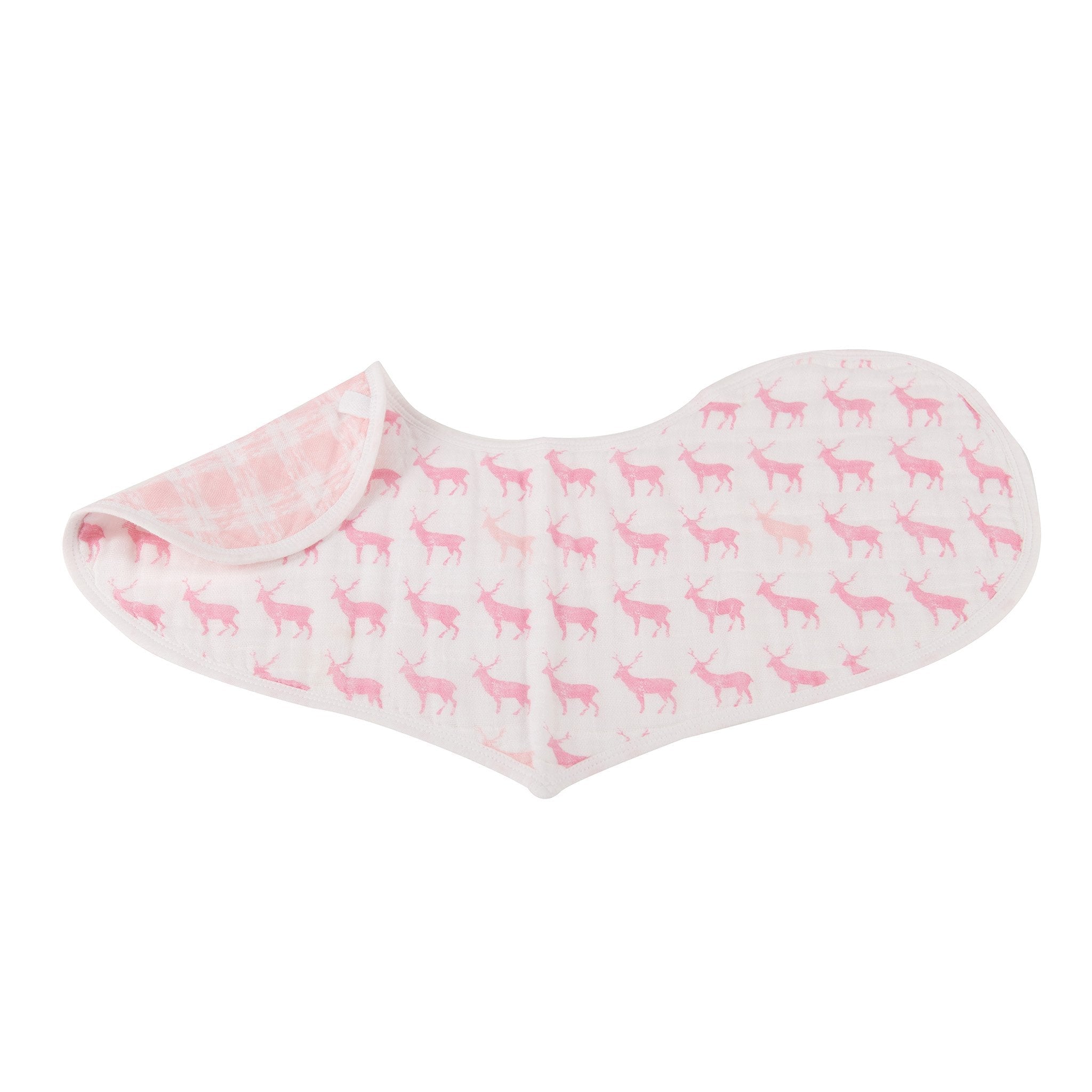 Two pink cotton heart bibs made from soft muslin, featuring multiple snaps for adjustable fit.