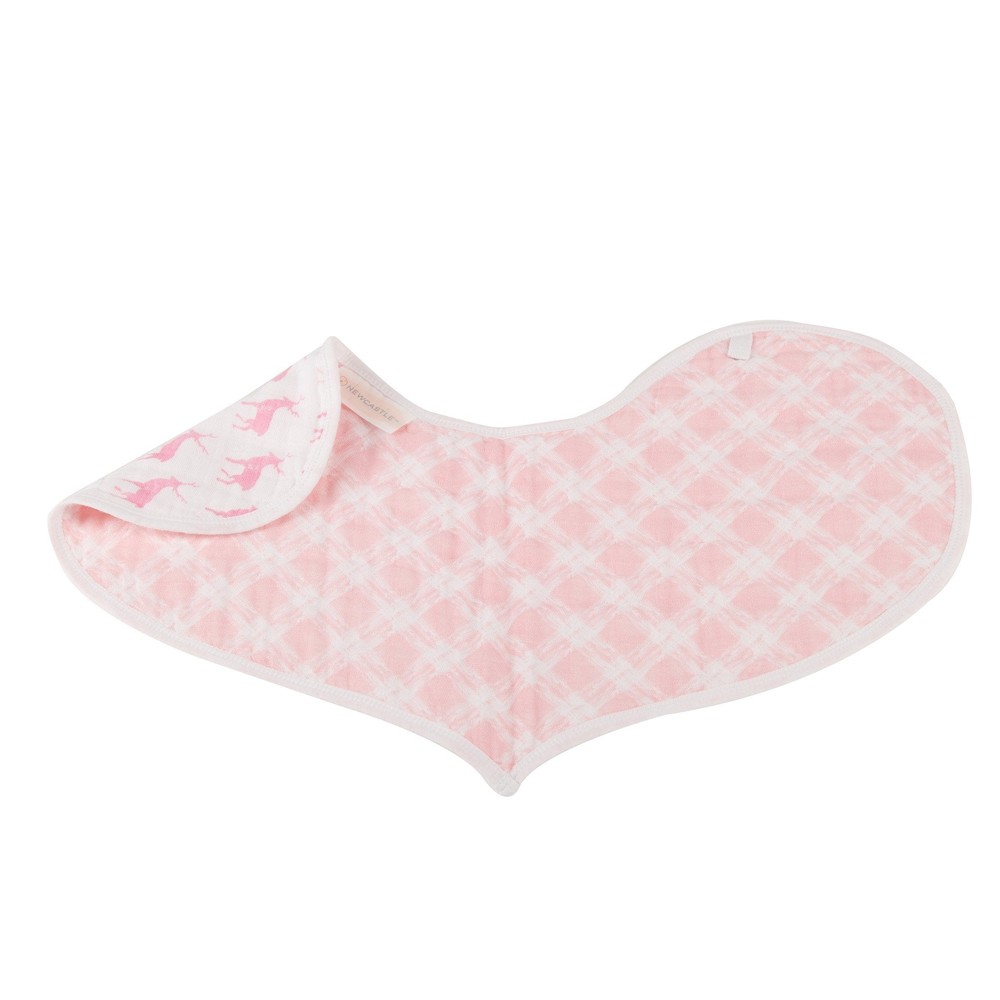 Two pink cotton heart bibs made from soft muslin, featuring multiple snaps for adjustable fit.