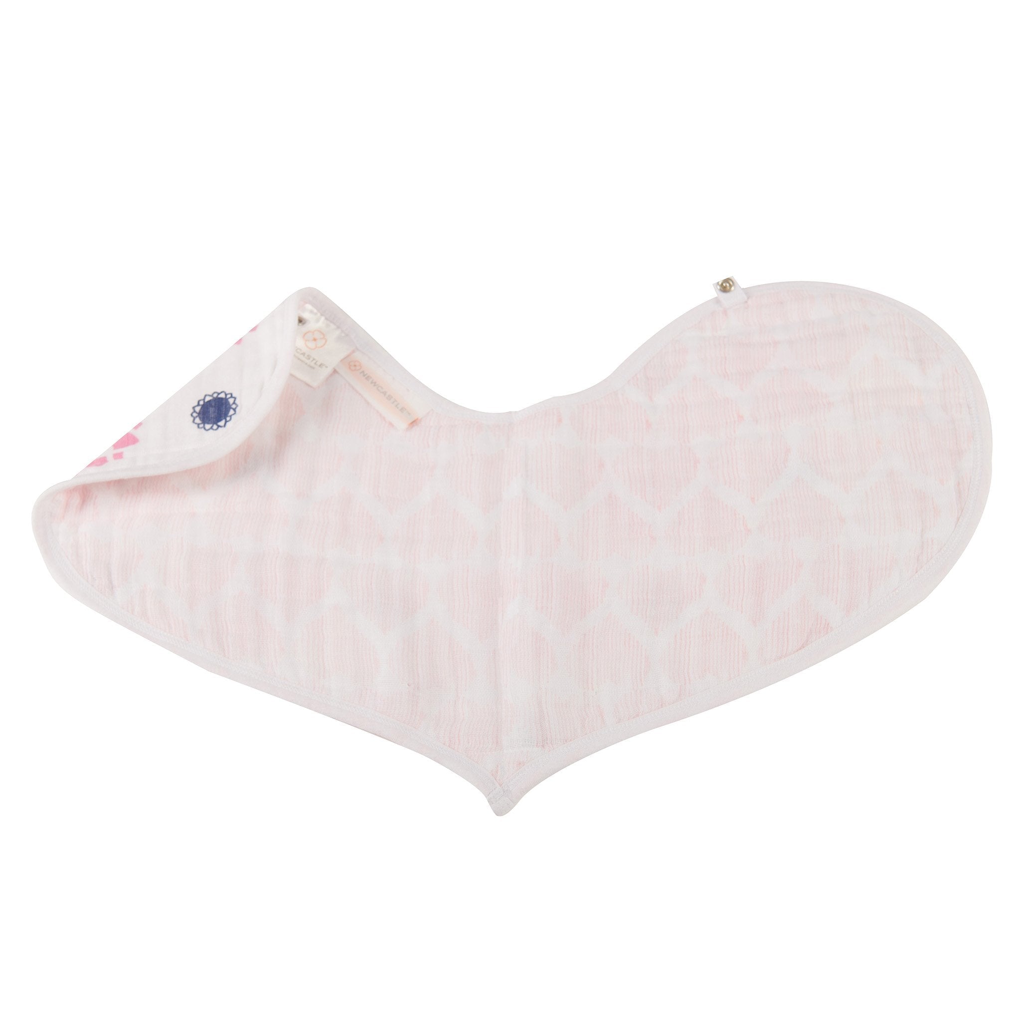 Two pink cotton heart bibs made from soft muslin, featuring multiple snaps for adjustable fit.