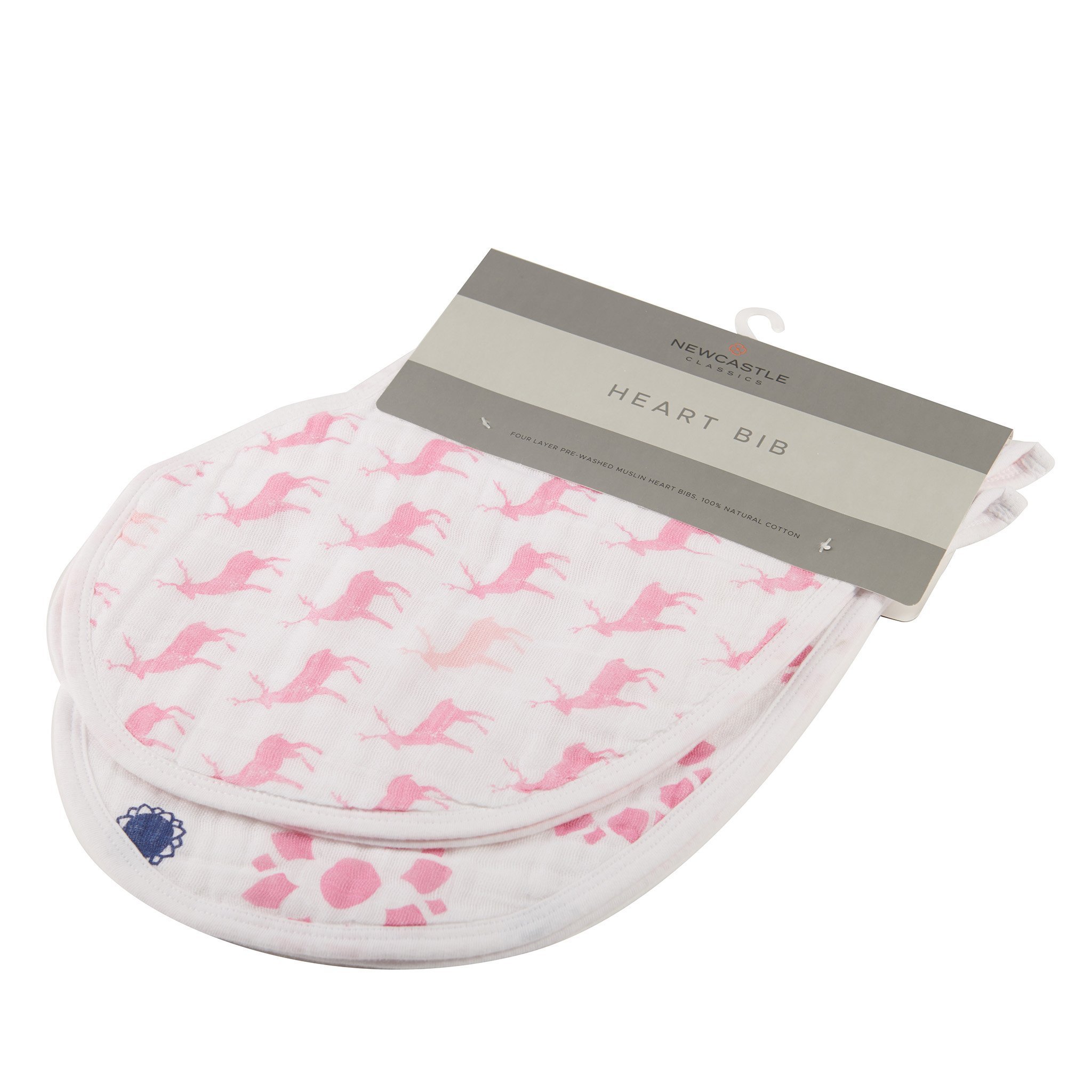 Two pink cotton heart bibs made from soft muslin, featuring multiple snaps for adjustable fit.