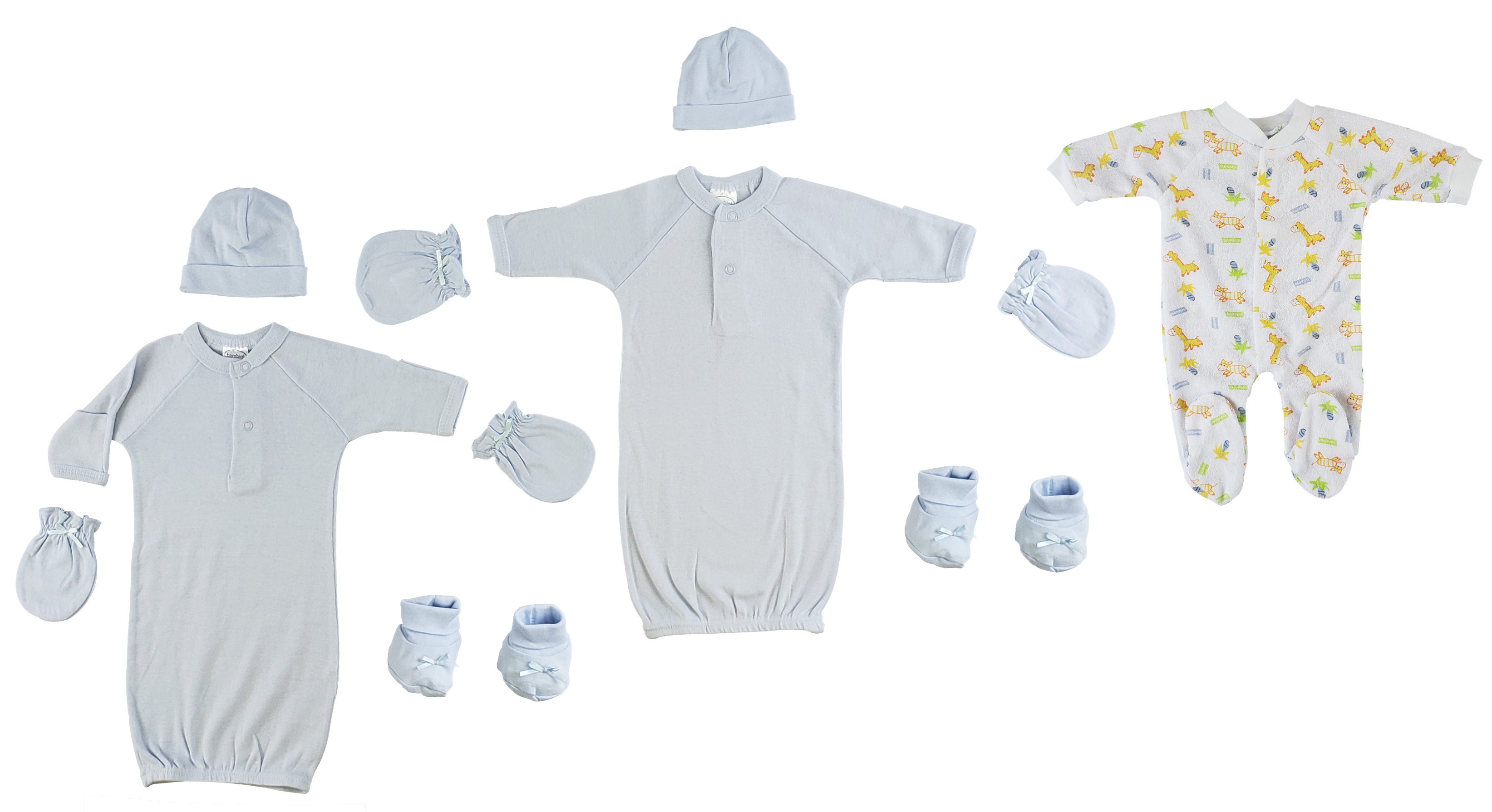 Bambini preemie boys sleep-n-play set including gowns, caps, booties, and mittens in soft blue cotton fabric.