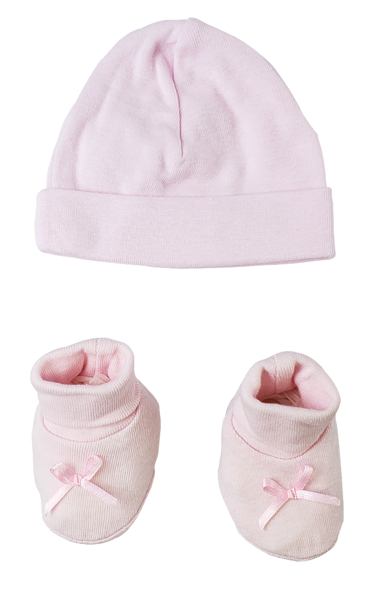 A soft cotton preemie cap and bootie set in pastel colors, perfect for newborns, featuring a cozy rib knit design.