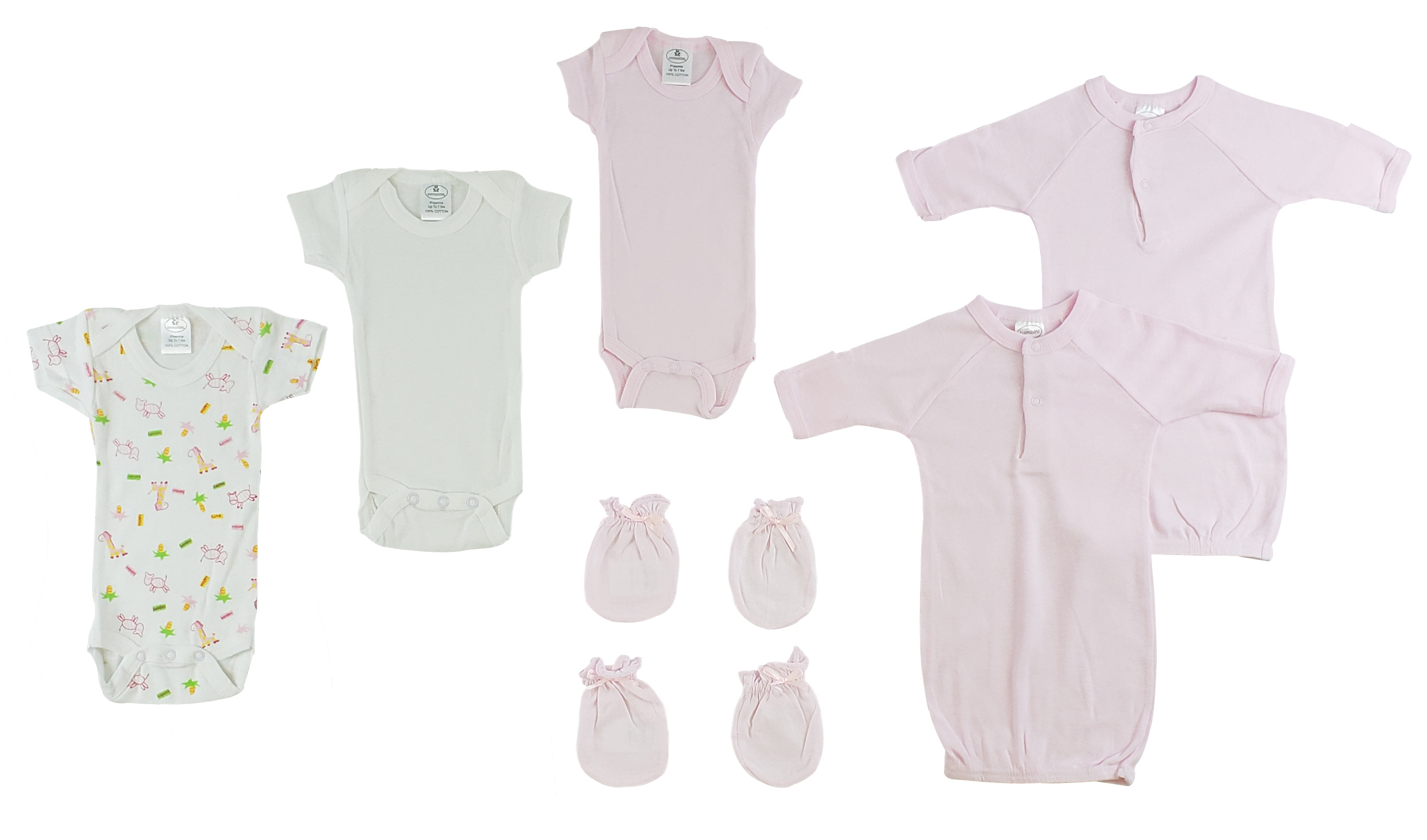 A cozy set of preemie girls onezies, gowns, and mittens in soft pink cotton, perfect for newborns.