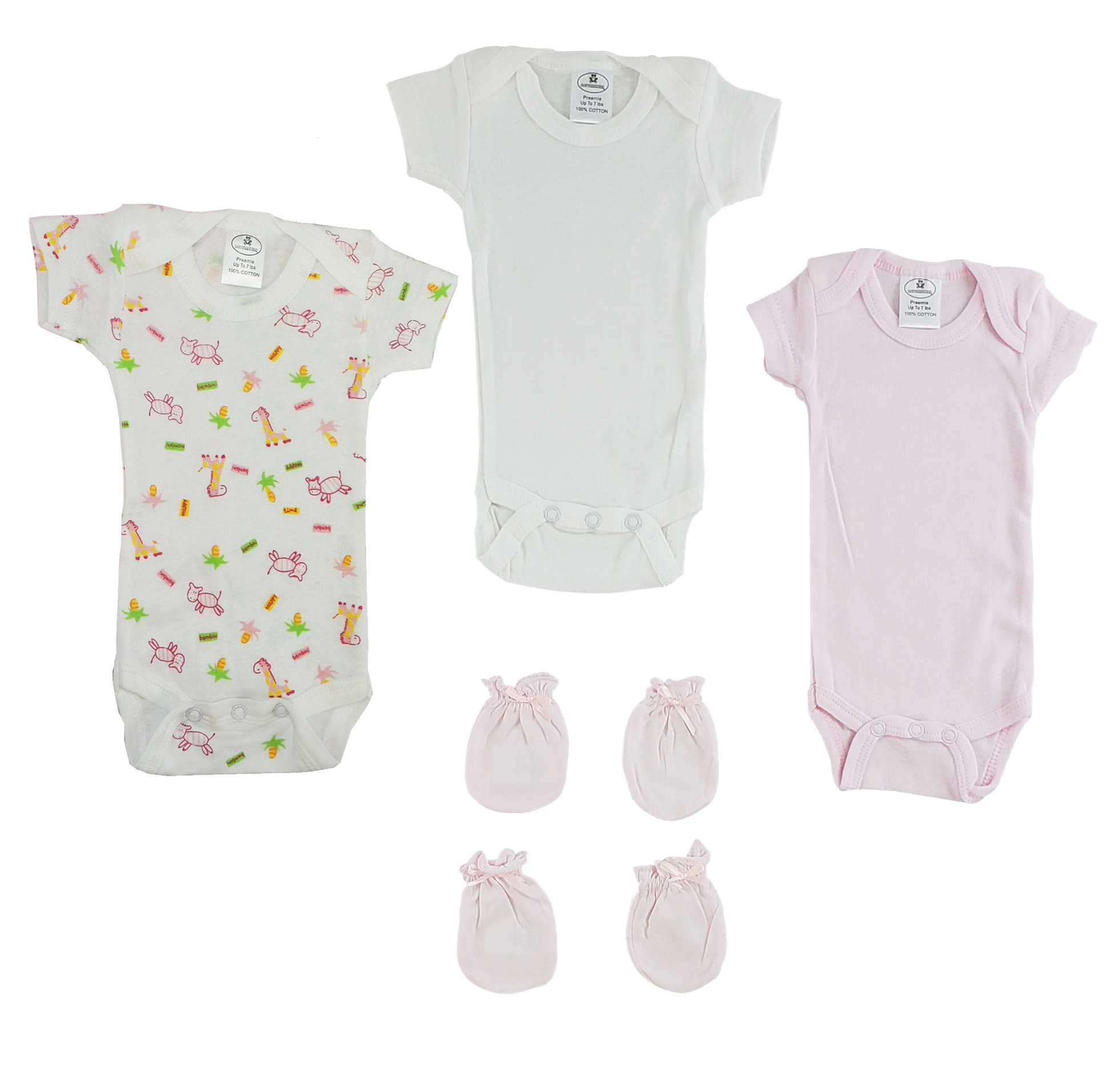A cozy set of preemie onezies and mittens in soft pink cotton, perfect for newborns.