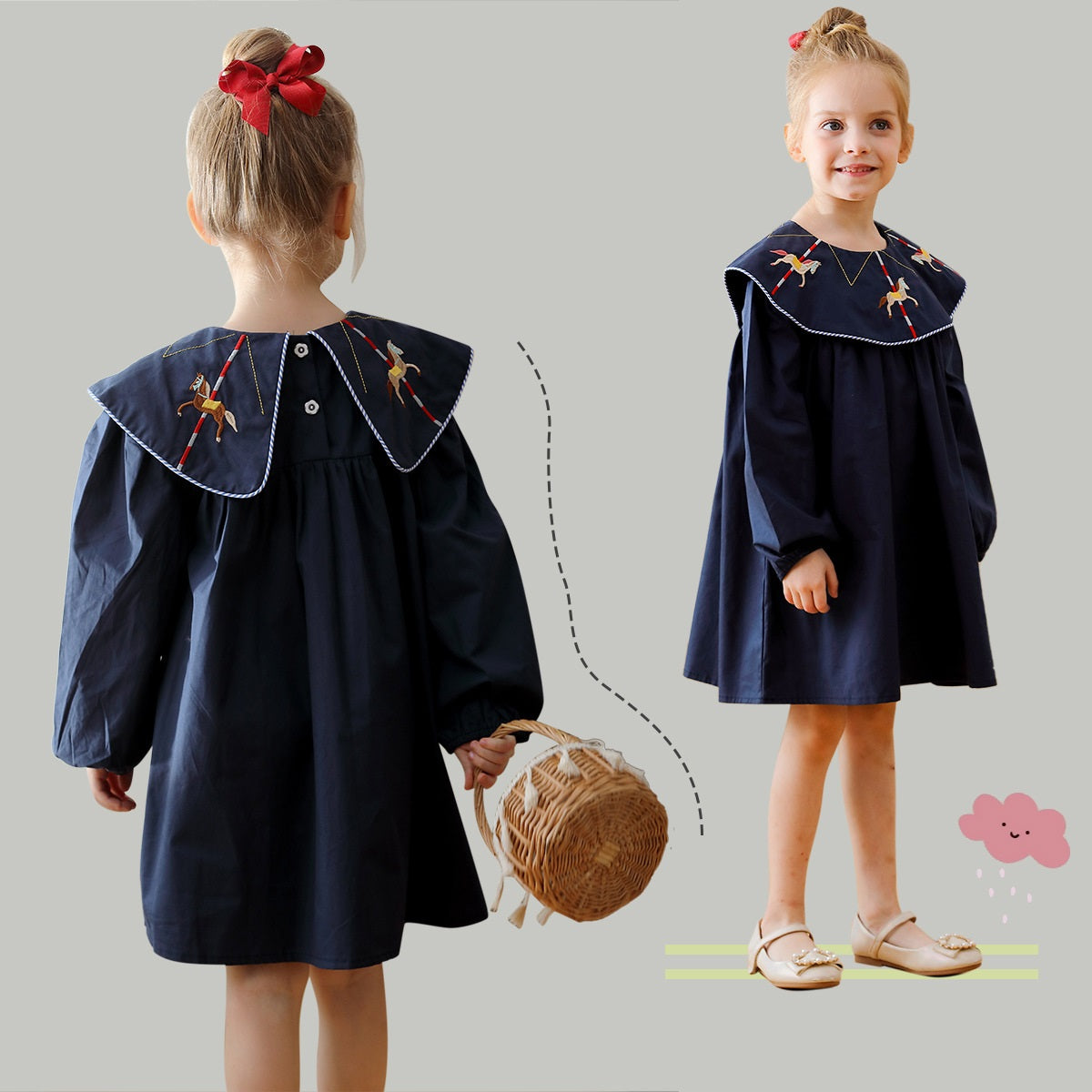 A navy blue long sleeve dress for girls featuring horse embroidery on the collar, made from soft cotton, perfect for autumn wear.