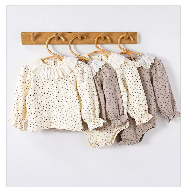 Baby girls' long sleeves onesies featuring a floral pattern in beige, apricot, brown, and coffee colors, made from soft cotton.