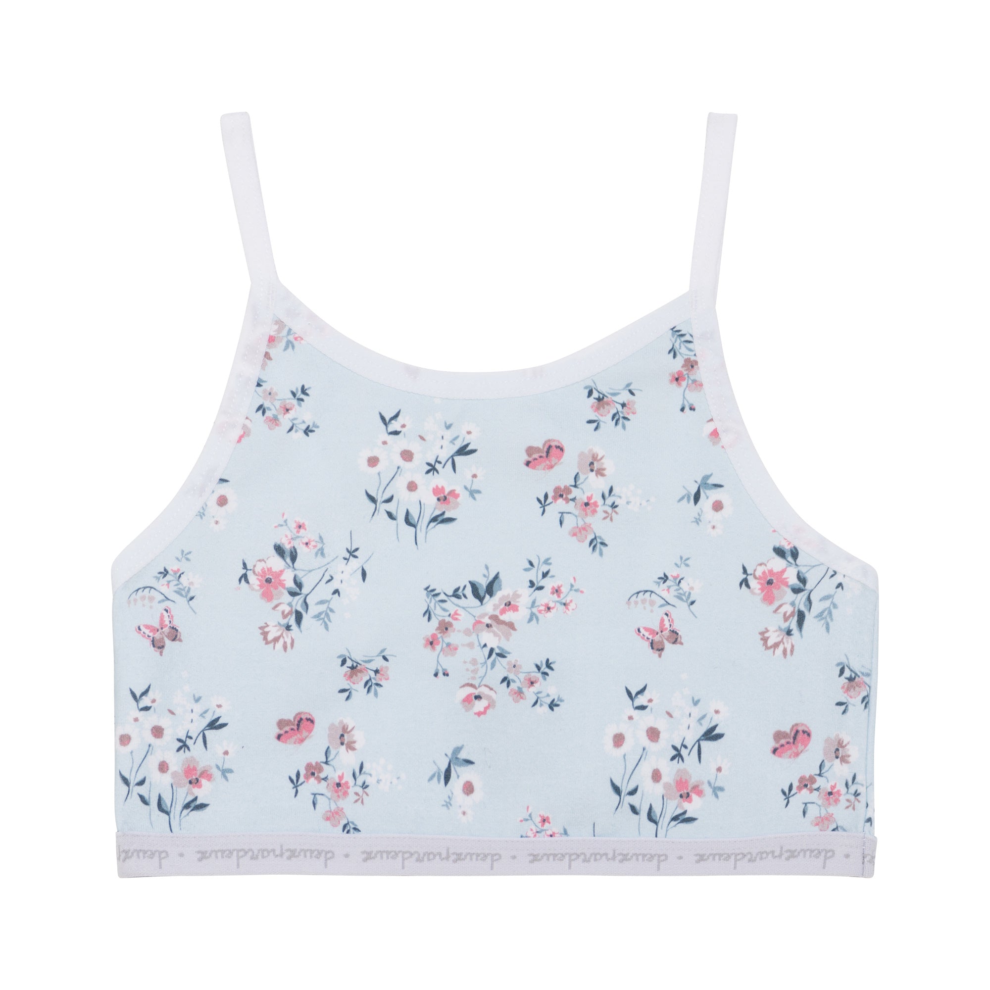A stylish Printed Crop Top in pastel blue featuring a floral print, scoop neckline, and slender straps, perfect for layering.