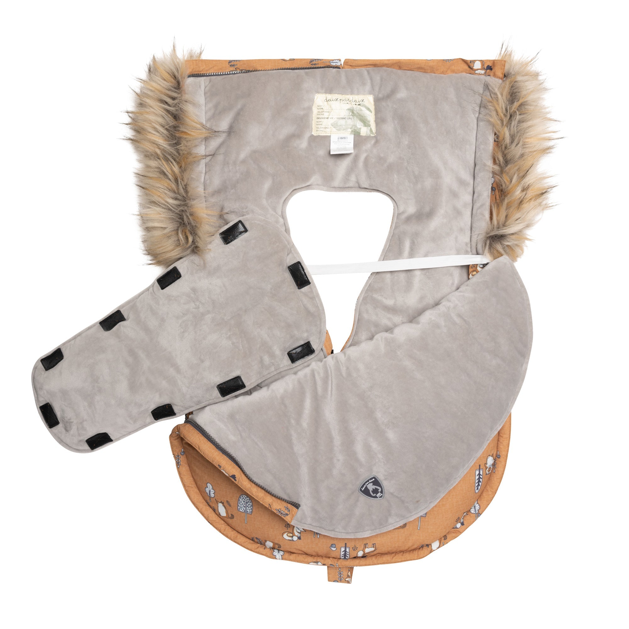 Yellow baby pouch featuring printed woodland animals, insulated design with faux fur trim hood, and included sherpa hat and blanket.