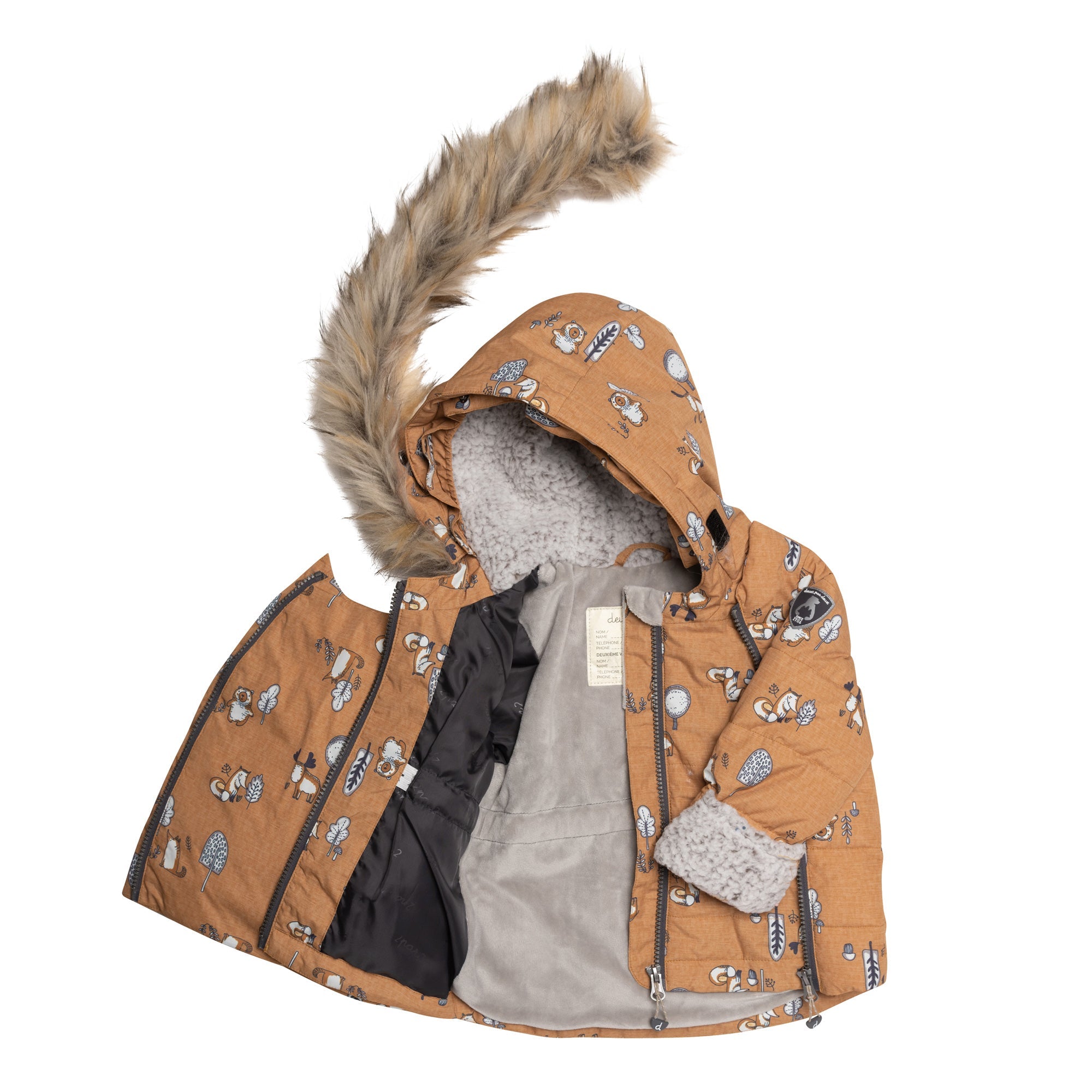 A vibrant yellow two-piece baby snowsuit featuring woodland animal prints, with solid pants and a printed jacket, designed for warmth and style.