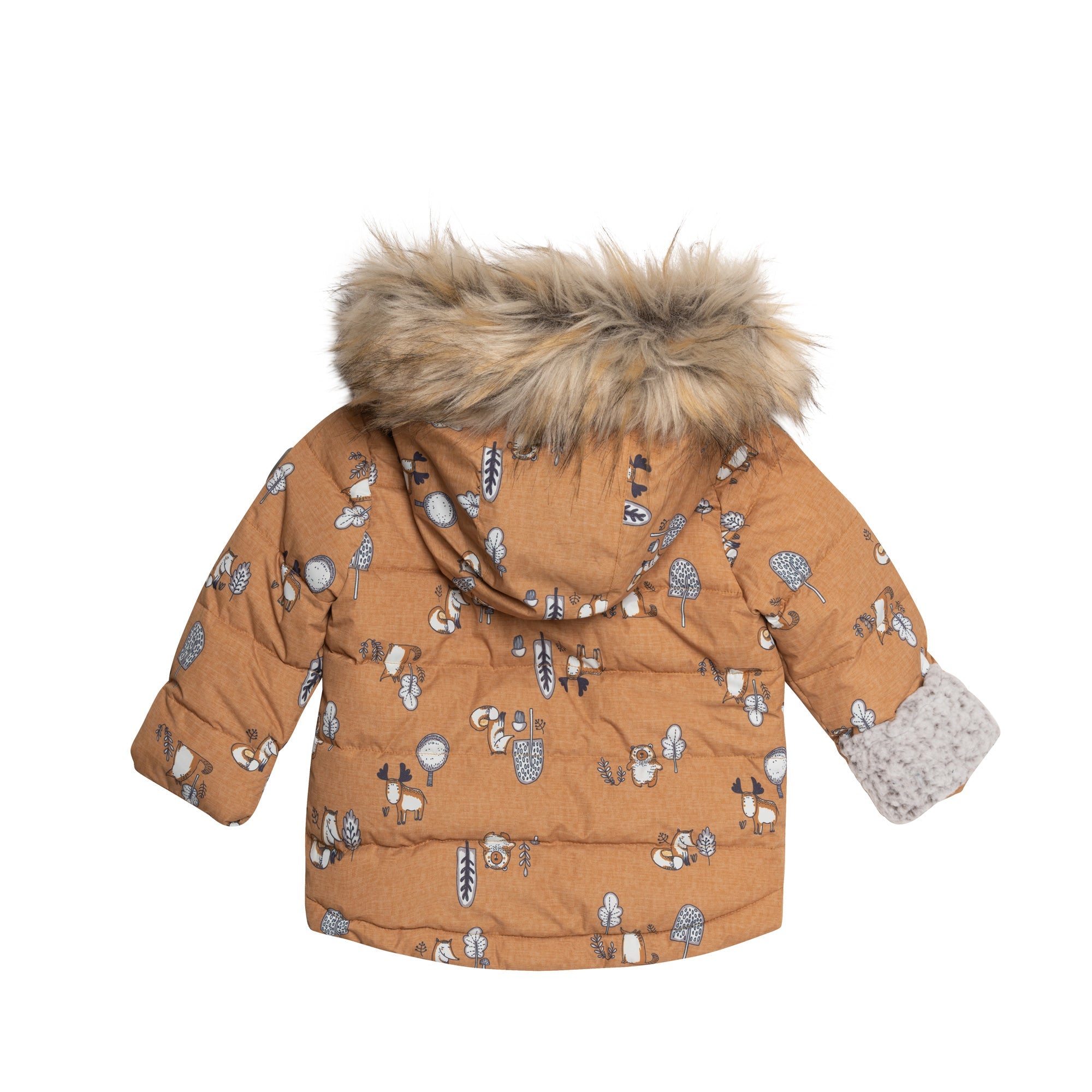 A vibrant yellow two-piece baby snowsuit featuring woodland animal prints, with solid pants and a printed jacket, designed for warmth and style.