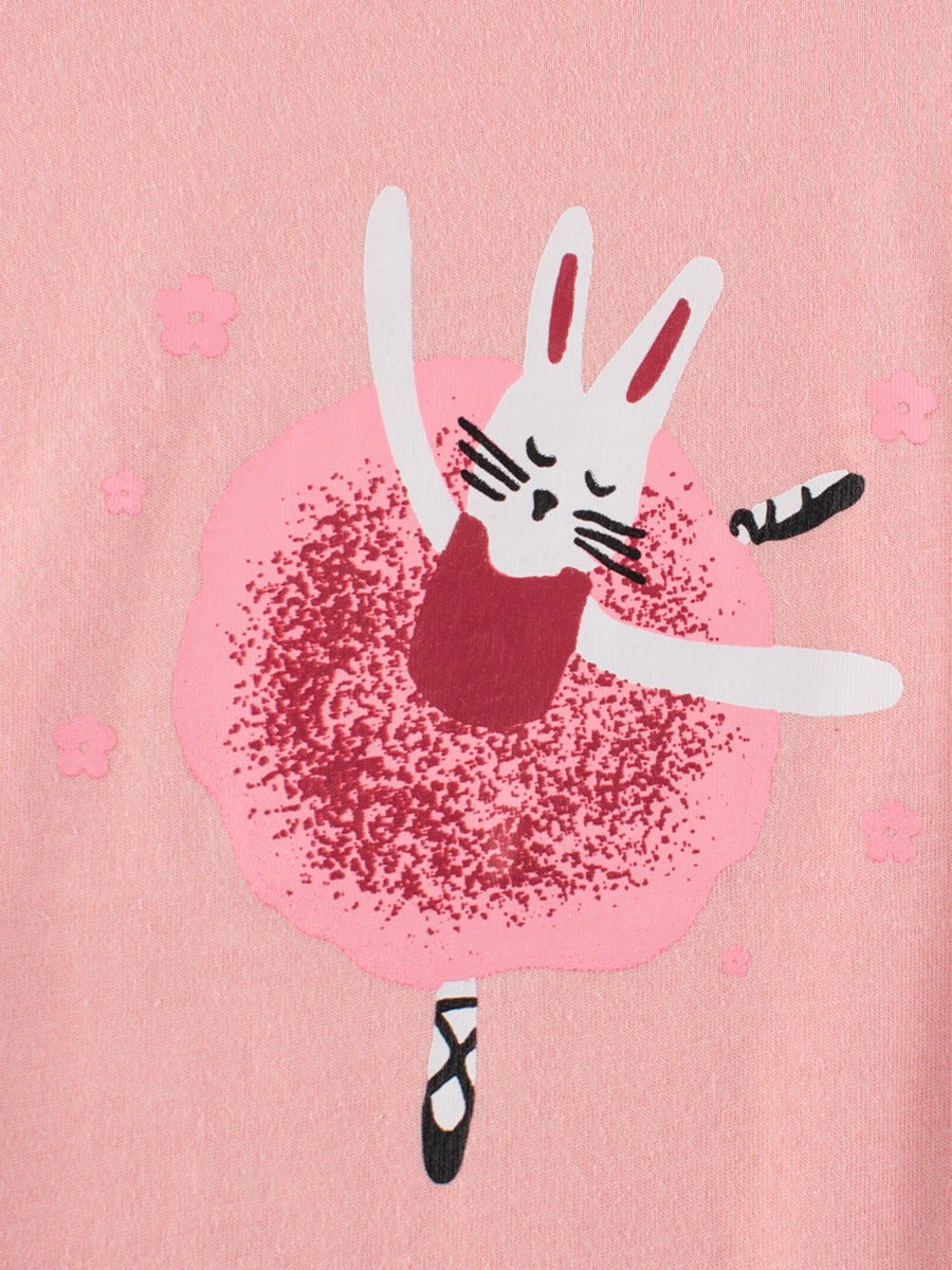 A pink girls' t-shirt featuring a cute rabbit dancer print, made from soft cotton, perfect for summer wear.
