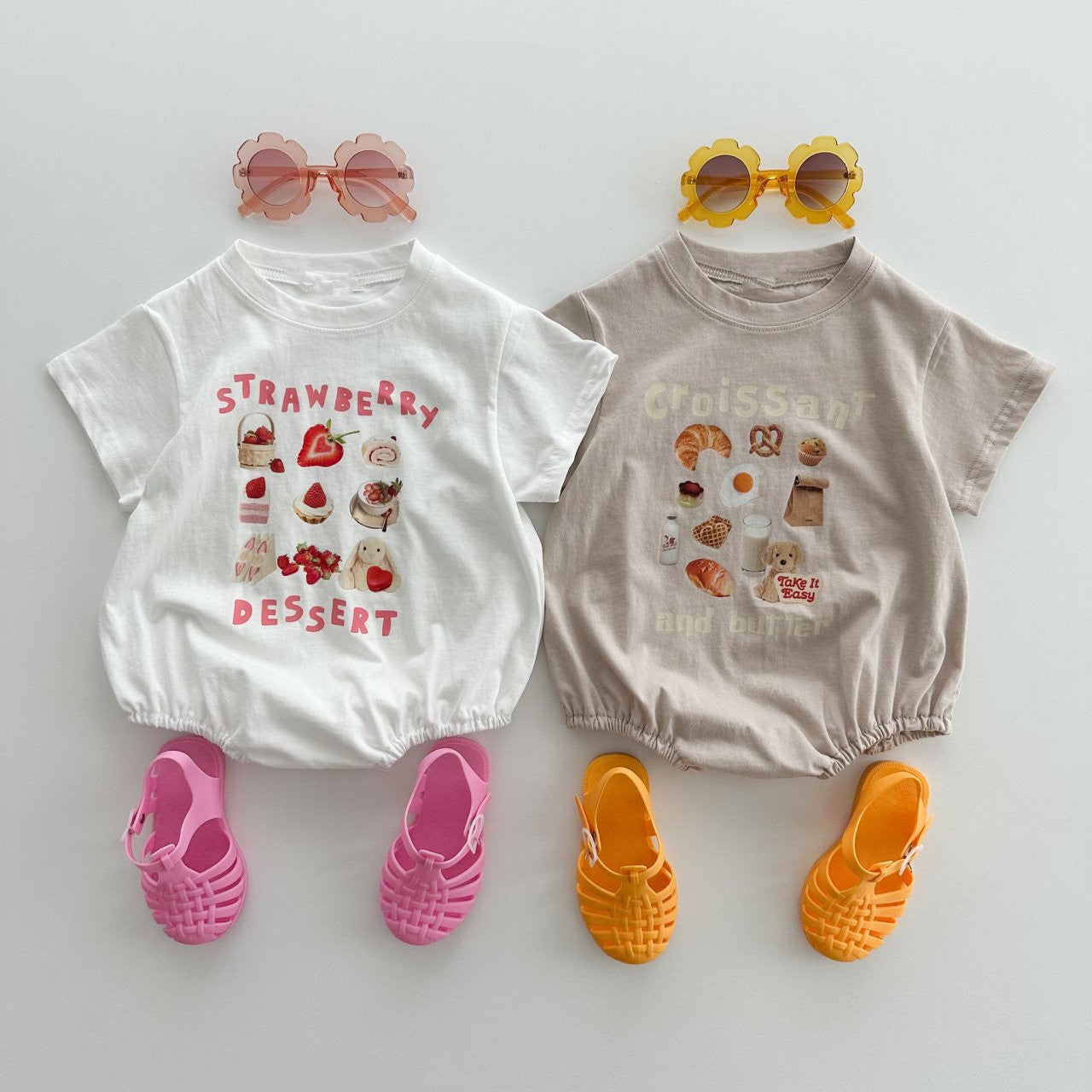 Rabbit Style Print Pattern Round Neck T-Shirt and Onesies in various colors for babies, featuring a cute cartoon rabbit design.