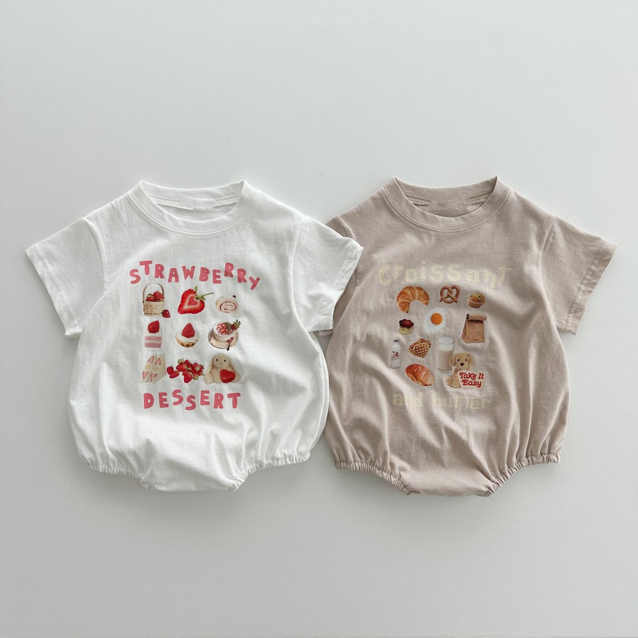 Rabbit Style Print Pattern Round Neck T-Shirt and Onesies in various colors for babies, featuring a cute cartoon rabbit design.