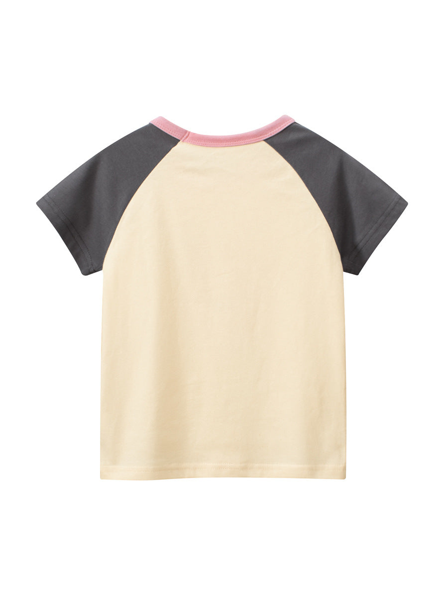 Rabbit Sweet Smile Print Girls’ Patchwork T-Shirt in beige cotton, featuring a cute cartoon rabbit design, perfect for summer wear.