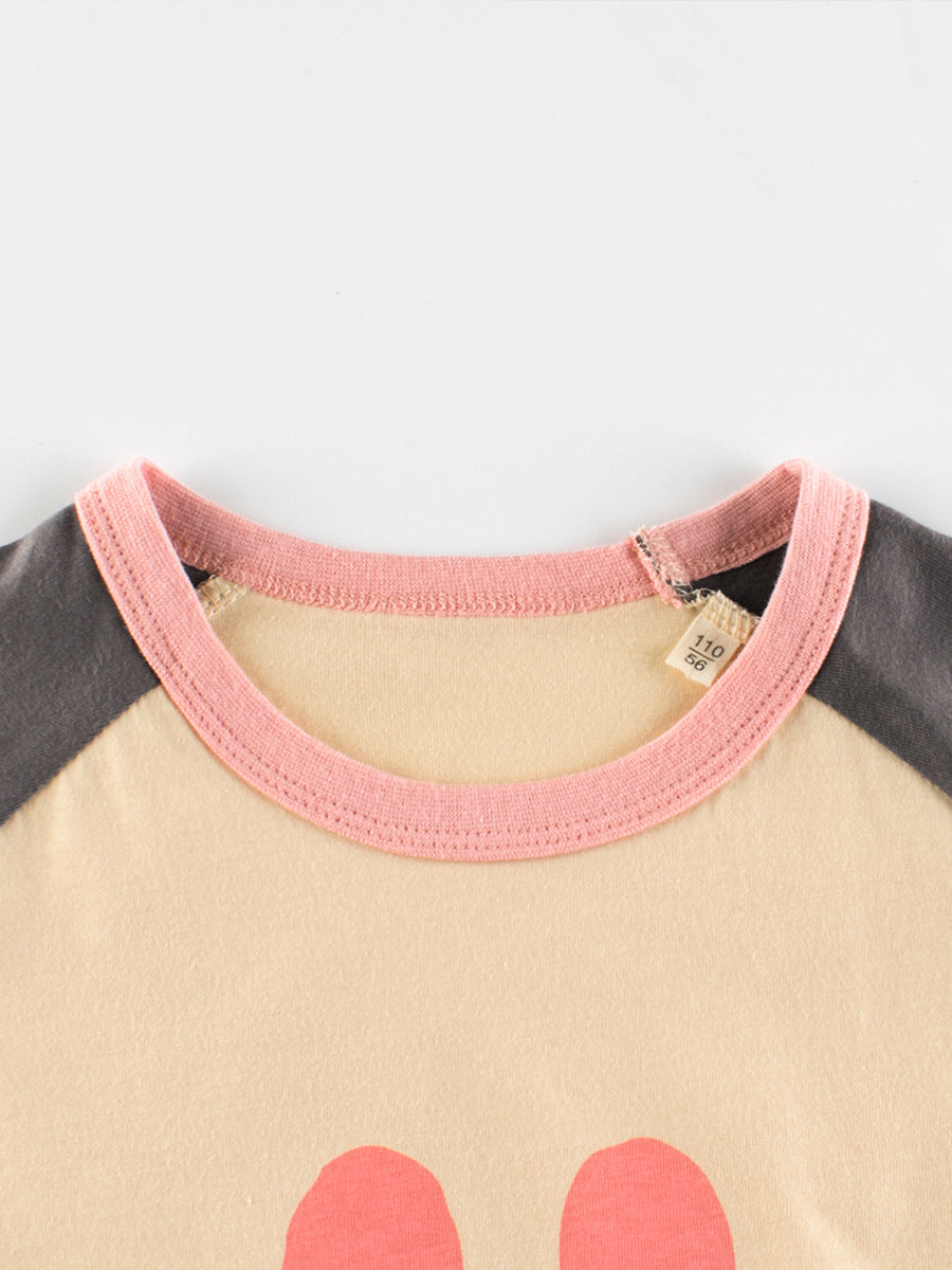 Rabbit Sweet Smile Print Girls’ Patchwork T-Shirt in beige cotton, featuring a cute cartoon rabbit design, perfect for summer wear.