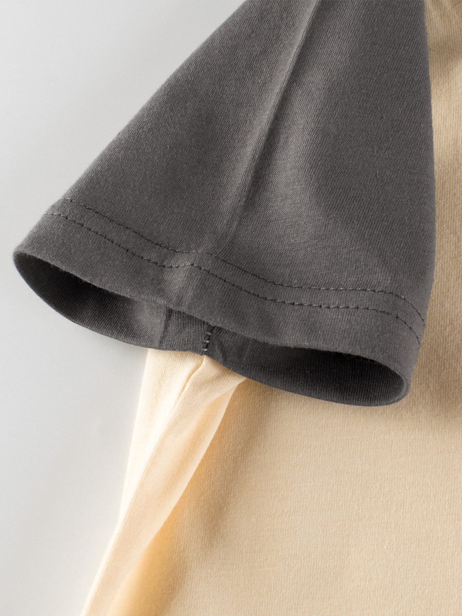 Rabbit Sweet Smile Print Girls’ Patchwork T-Shirt in beige cotton, featuring a cute cartoon rabbit design, perfect for summer wear.