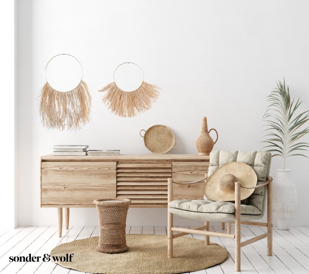 A beautifully crafted Raffia Wall Hanging showcasing natural fibers in a bohemian style, perfect for home decor.