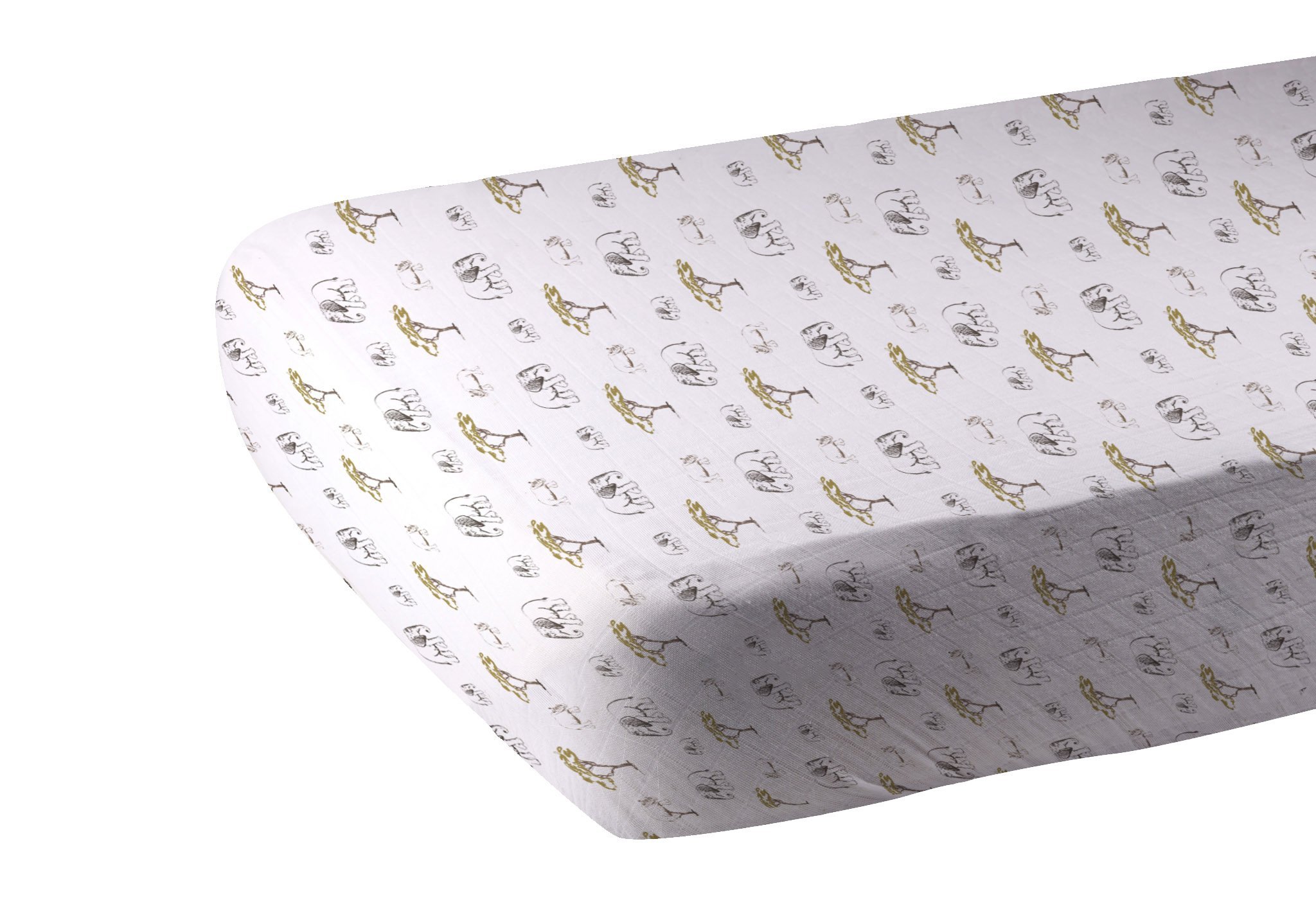 Rhinos and Elephants Bamboo Muslin Crib Sheet featuring playful animal designs, soft texture, and breathable fabric.