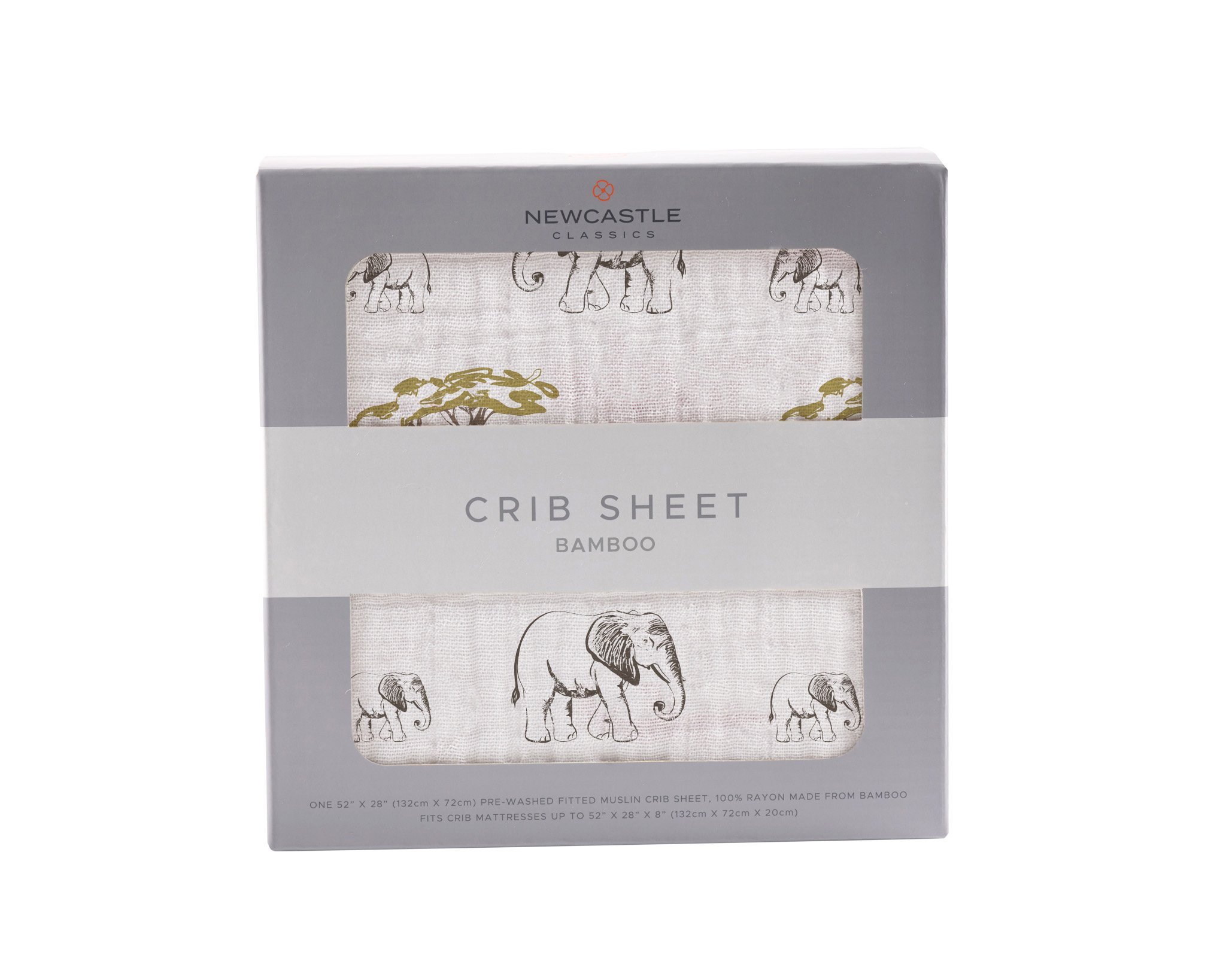 Rhinos and Elephants Bamboo Muslin Crib Sheet featuring playful animal designs, soft texture, and breathable fabric.