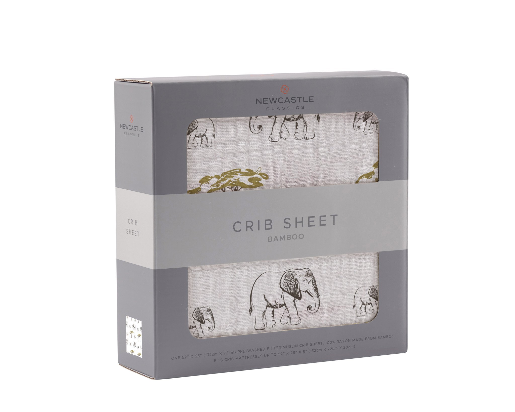 Rhinos and Elephants Bamboo Muslin Crib Sheet featuring playful animal designs, soft texture, and breathable fabric.