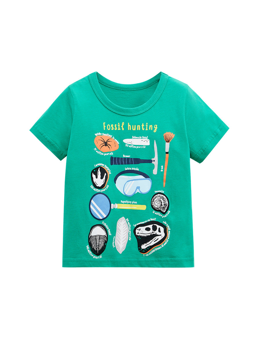Round neck green t-shirt for boys featuring a cartoon fossil hunting design, made from soft cotton material.