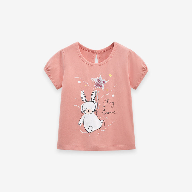 Round Neck Rabbit Cartoon Girls’ T-Shirt in pink, featuring a cute rabbit design, perfect for summer wear.