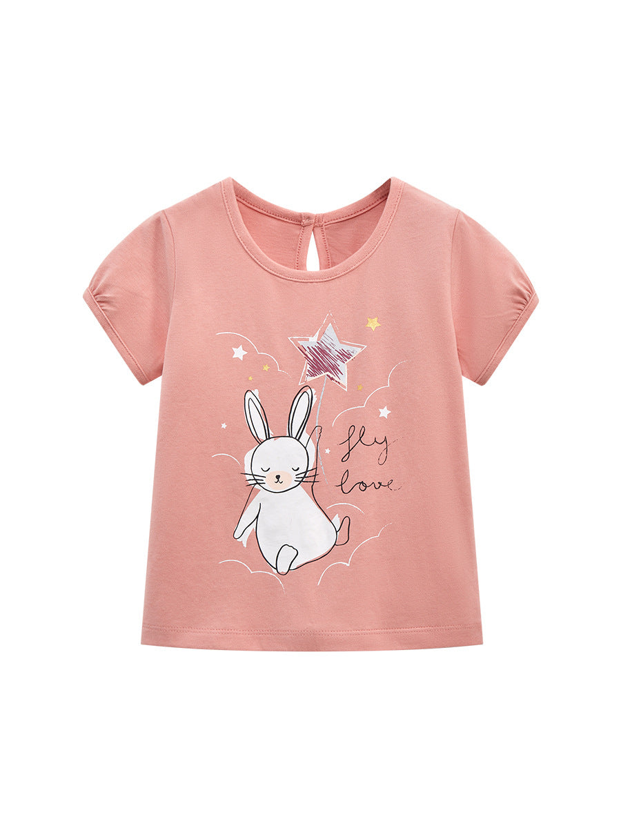 Round Neck Rabbit Cartoon Girls’ T-Shirt in pink, featuring a cute rabbit design, perfect for summer wear.