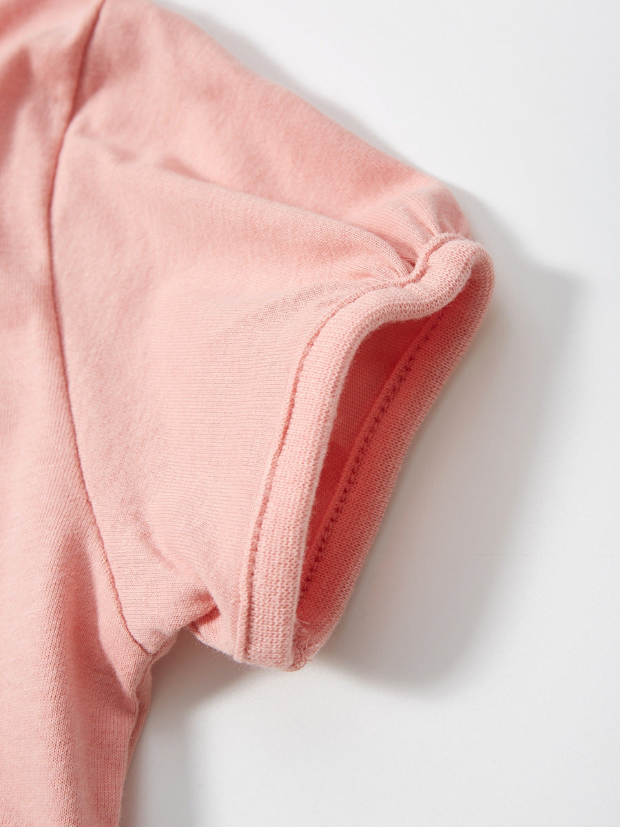 Round Neck Rabbit Cartoon Girls’ T-Shirt in pink, featuring a cute rabbit design, perfect for summer wear.