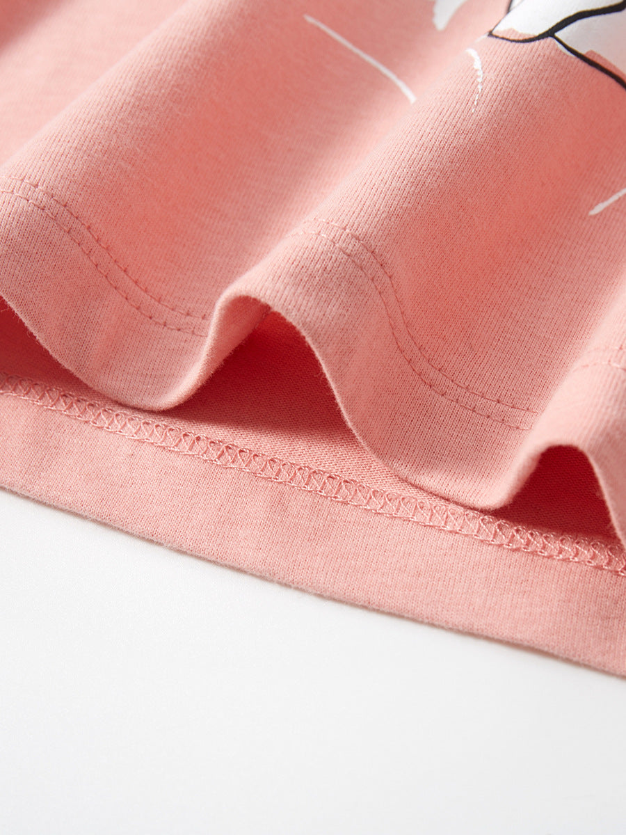 Round Neck Rabbit Cartoon Girls’ T-Shirt in pink, featuring a cute rabbit design, perfect for summer wear.