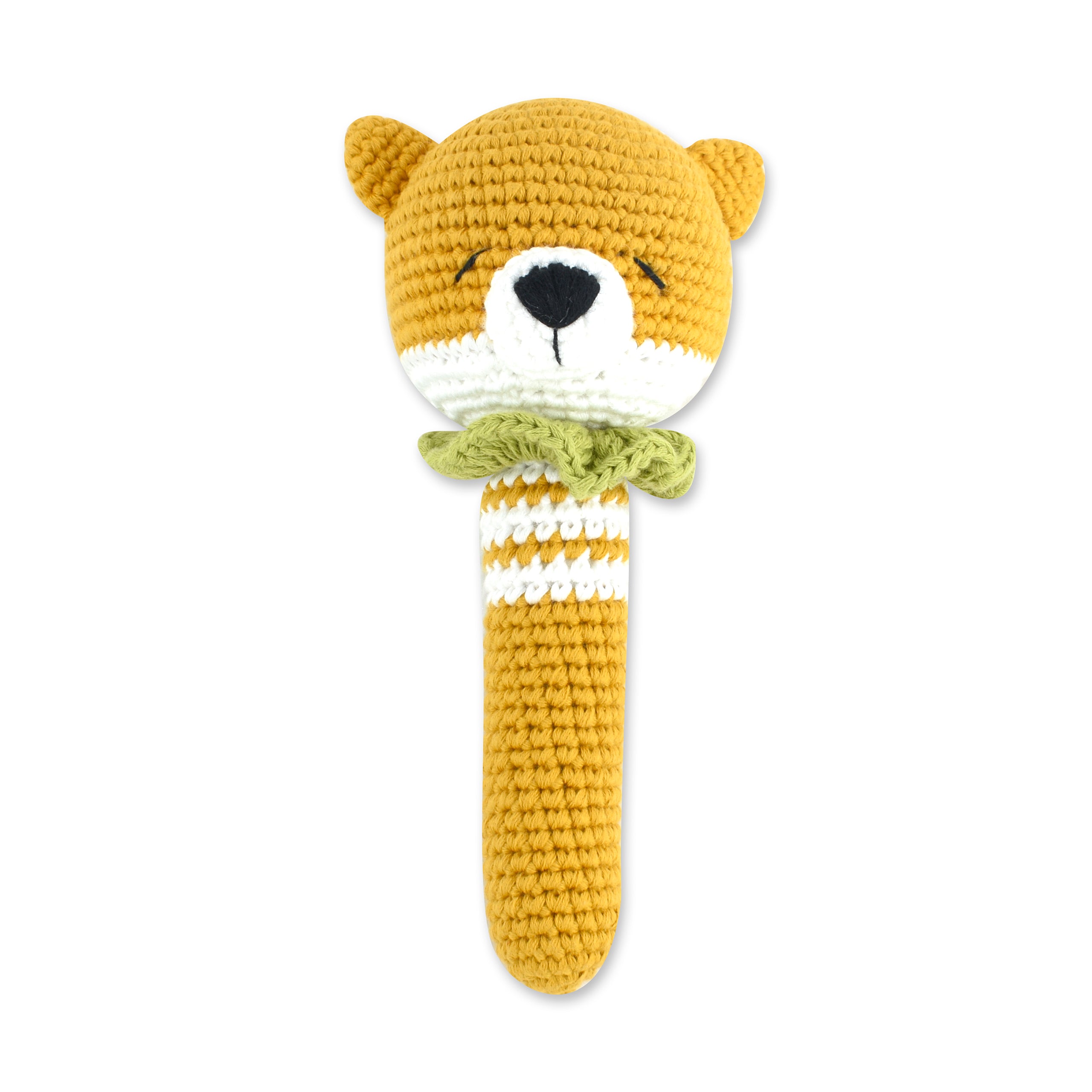 Handmade Shaker Rattle Fox V2 crochet toy made from 100% cotton yarn, featuring a charming fox design in vibrant colors.