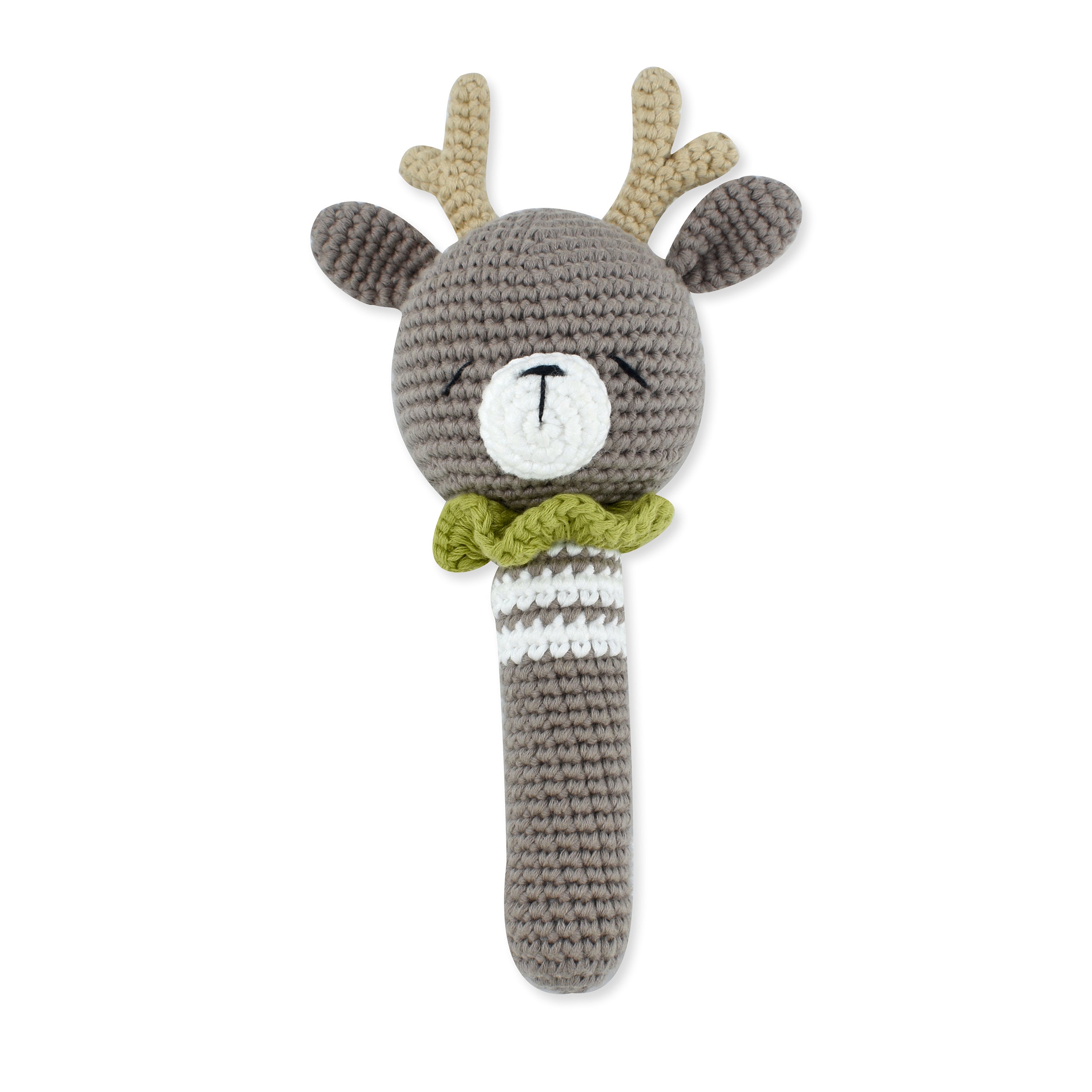 Handcrafted Shaker Rattle Reindeer made from 100% cotton yarn, featuring a cute design and safe for children.