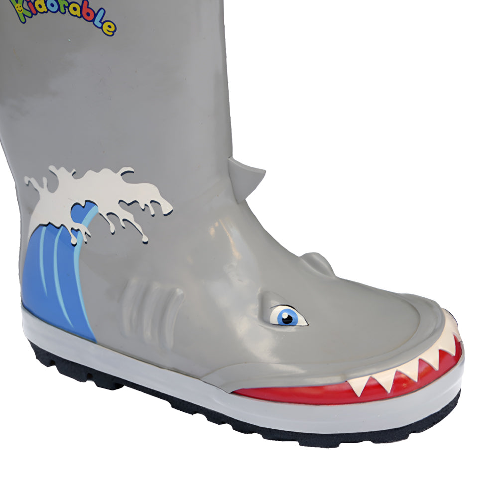 Kidorable Shark Rain Boots featuring playful shark design with teeth and fins, perfect for kids' outdoor adventures.