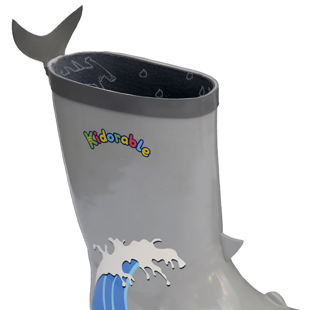 Kidorable Shark Rain Boots featuring playful shark design with teeth and fins, perfect for kids' outdoor adventures.